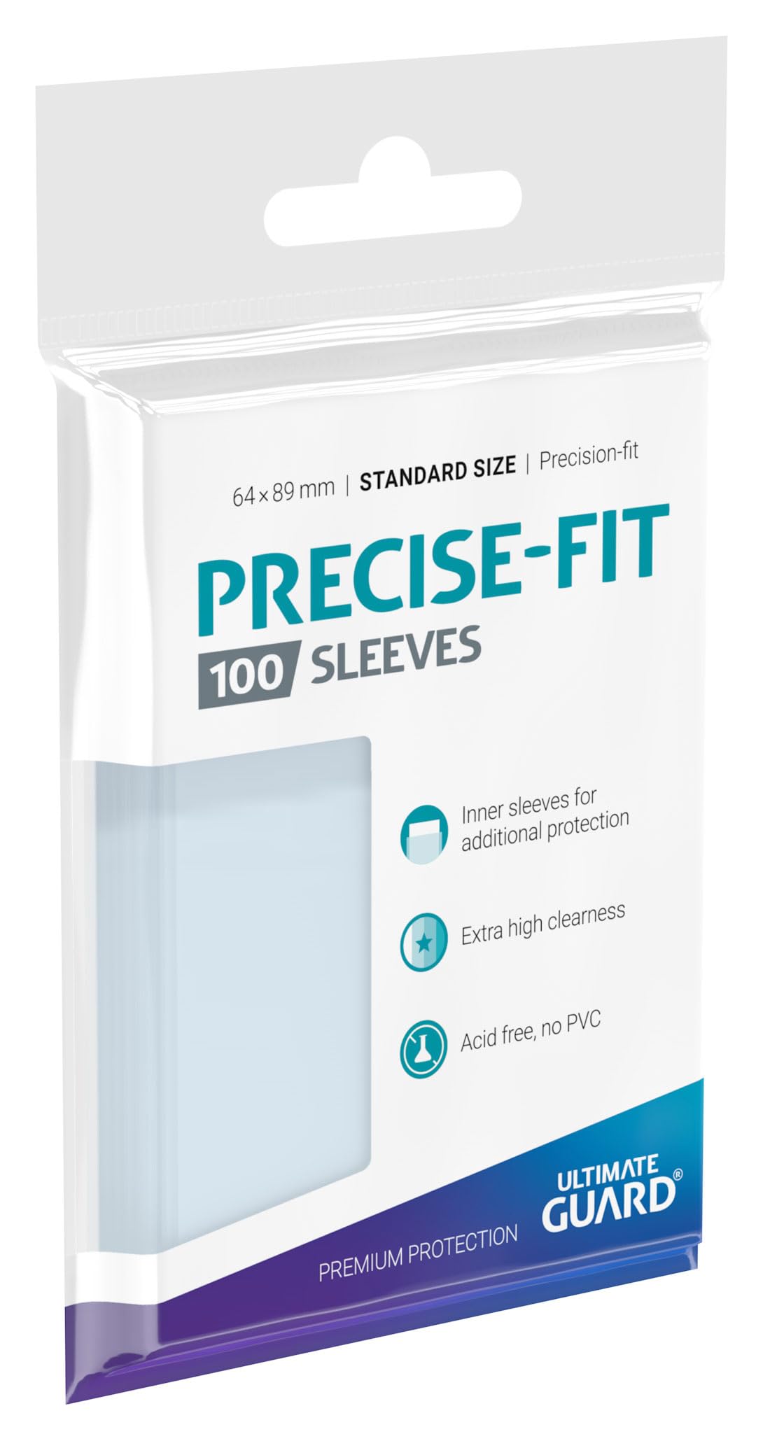 Sachet de 100 sleeves intérieures Ultimate Guard Precise-Fit, vue de trois quarts