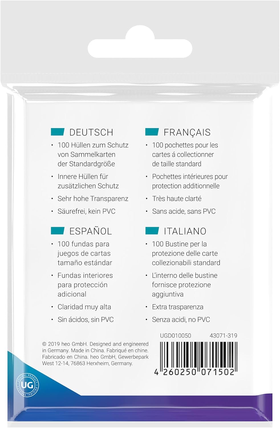 Dos du sachet Precise-Fit avec les informations en quatre langues, dont le français