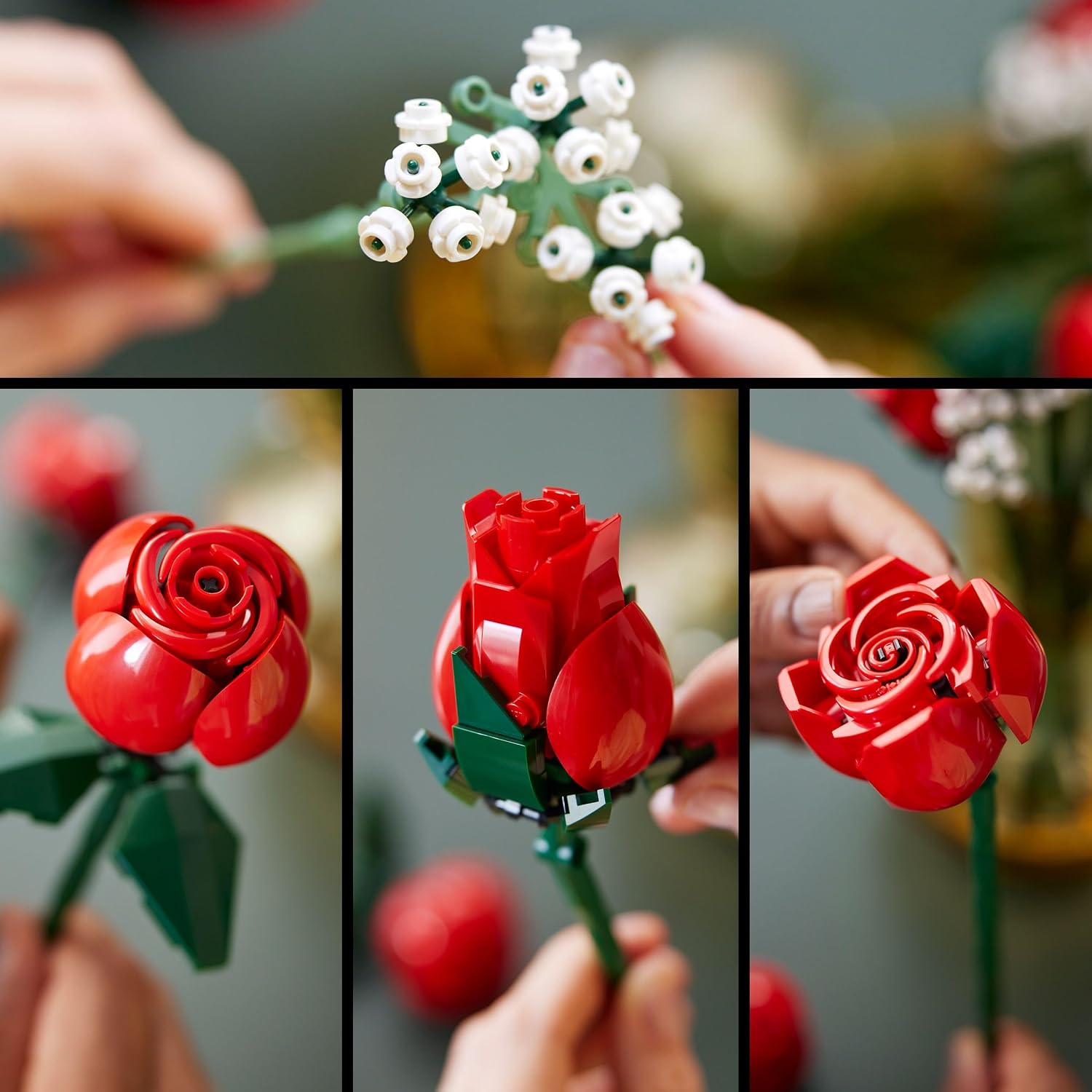 Détails du montage : gypsophile et roses LEGO à différents stades douverture