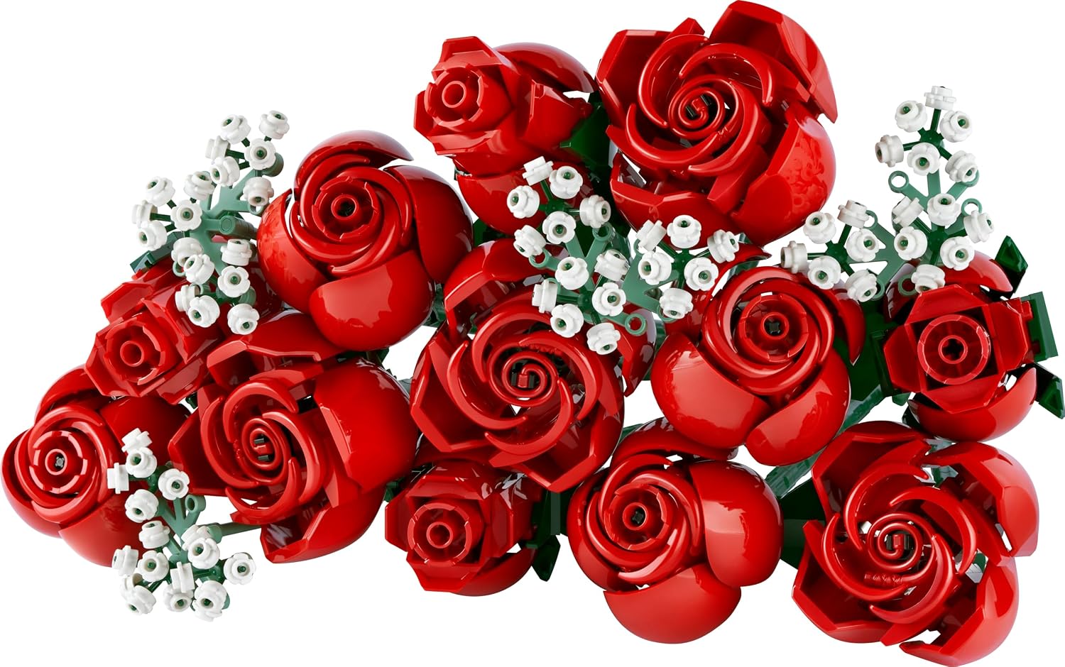 Les 12 roses LEGO et leurs brins de gypsophile posés à plat