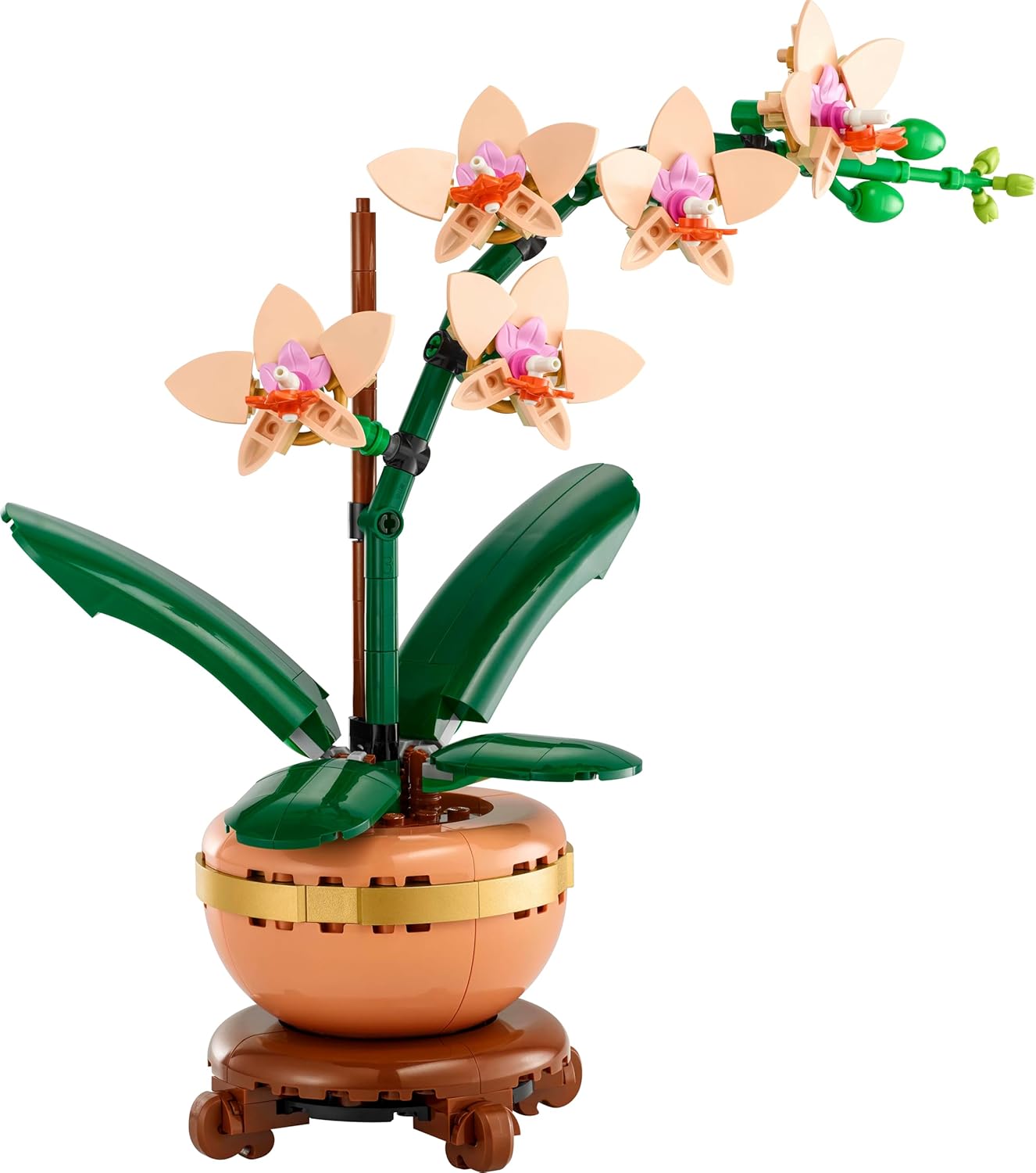 Orchidée miniature LEGO montée, fleurs couleur pêche et feuilles vertes