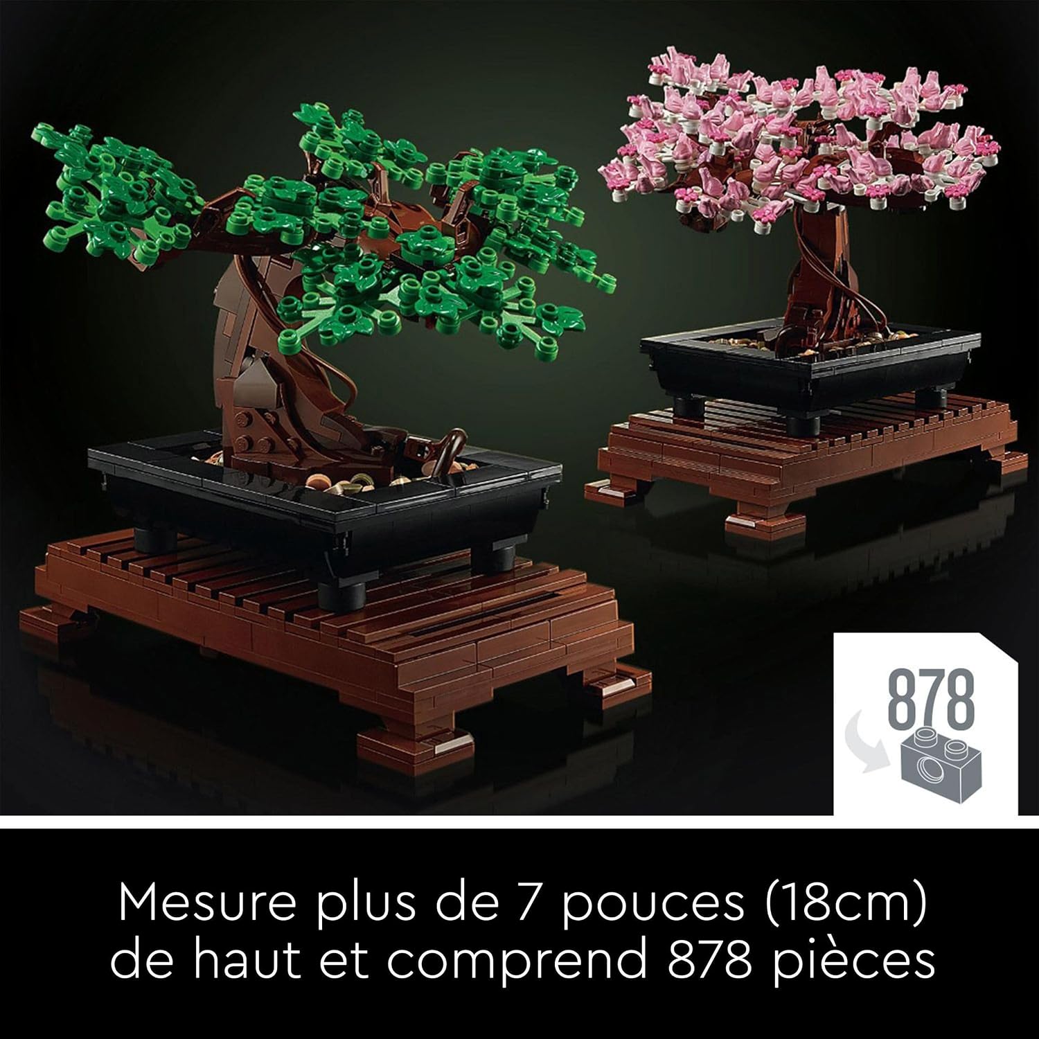 Les deux versions du bonsaï LEGO, feuillage vert ou fleurs roses, 878 pièces