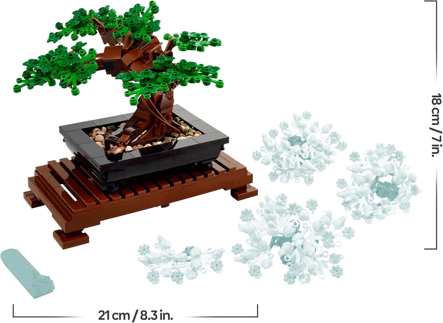Schéma des dimensions du bonsaï LEGO : 18 cm de haut, 21 cm de large