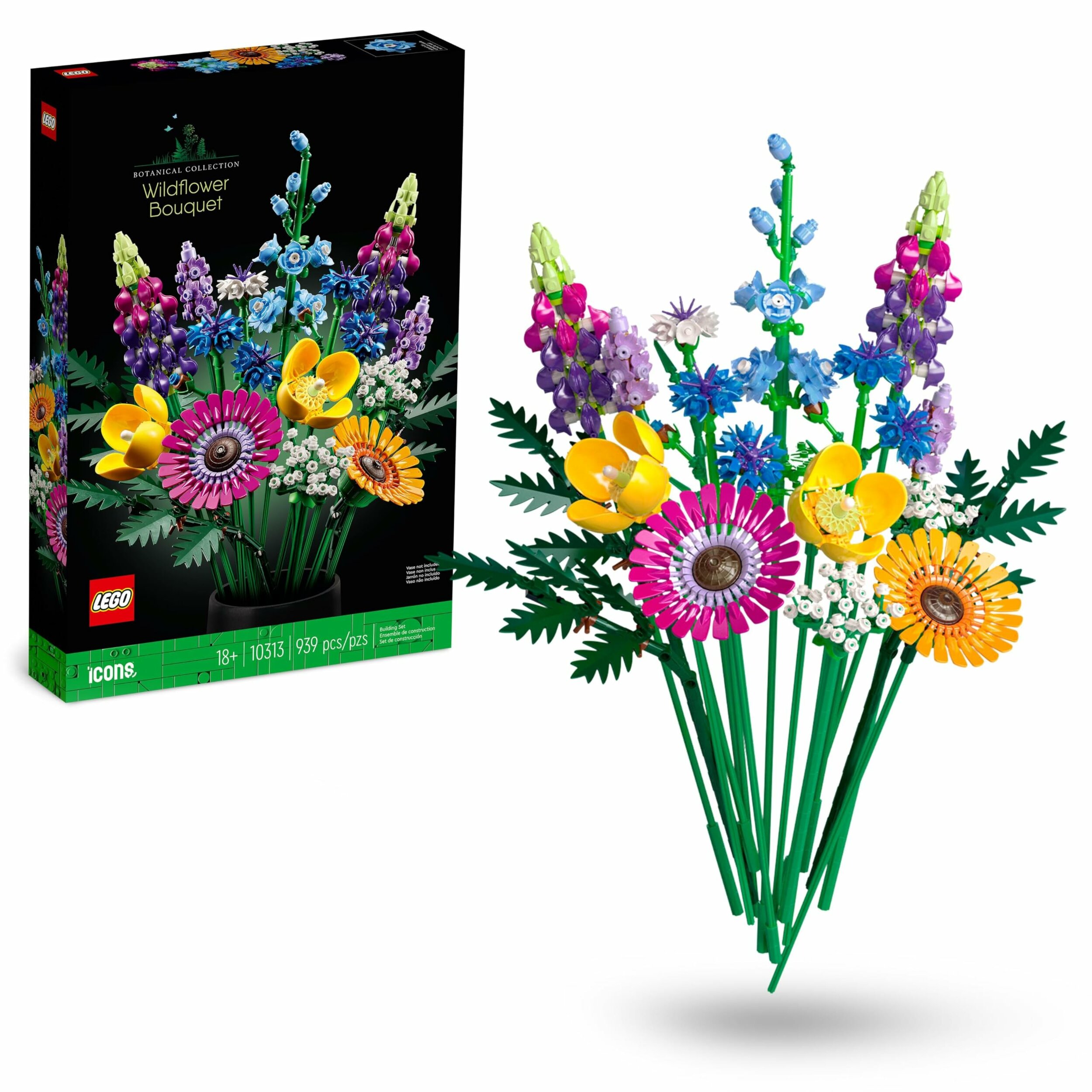 Boîte du LEGO Botanicals 10313 Bouquet de fleurs sauvages et le bouquet monté