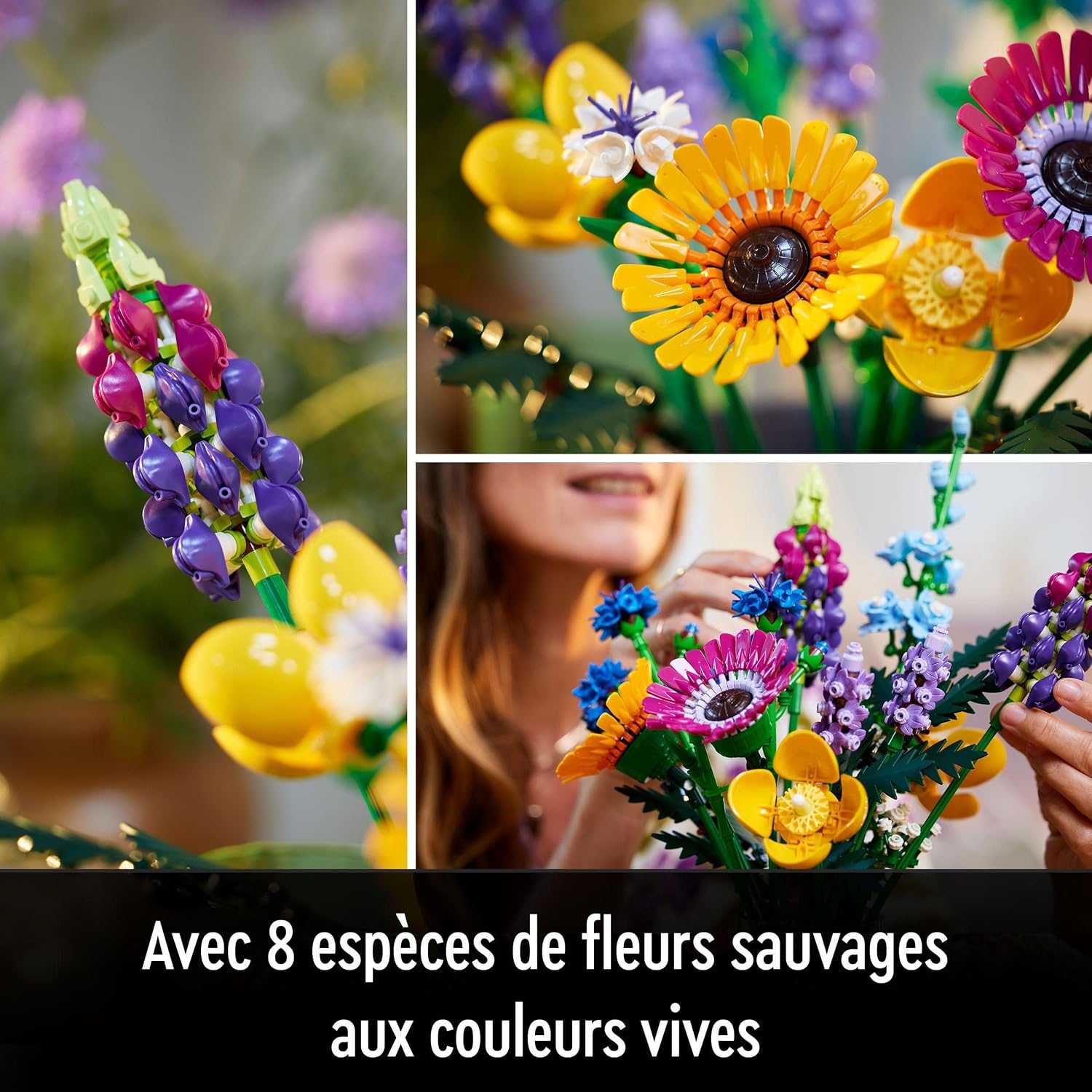 Gros plans de fleurs sauvages LEGO aux couleurs vives, dont des lupins