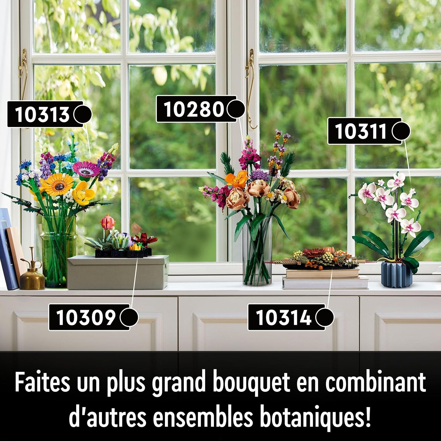 Rebord de fenêtre avec les sets Botanicals 10313, 10280, 10311, 10309 et 10314