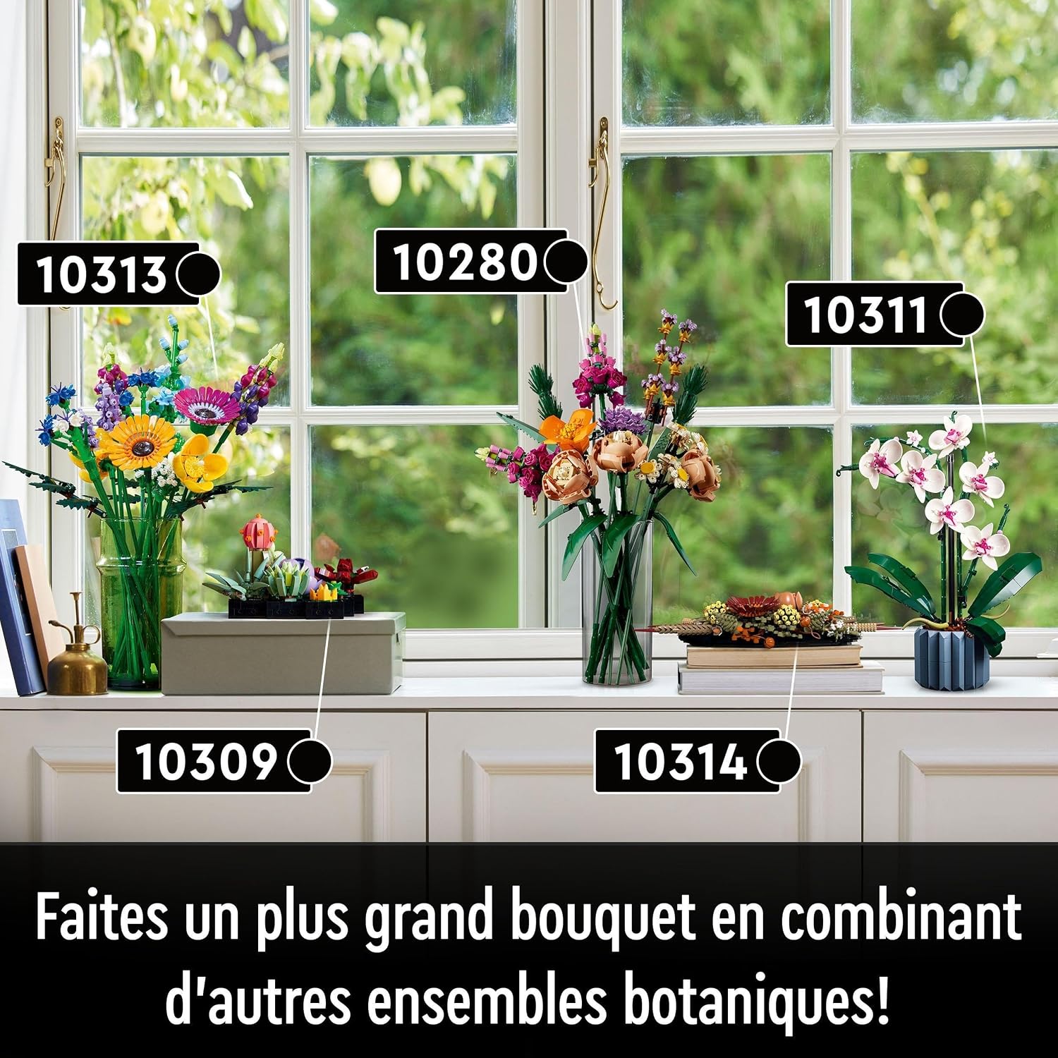Plusieurs bouquets et plantes LEGO Botanicals réunis devant une fenêtre