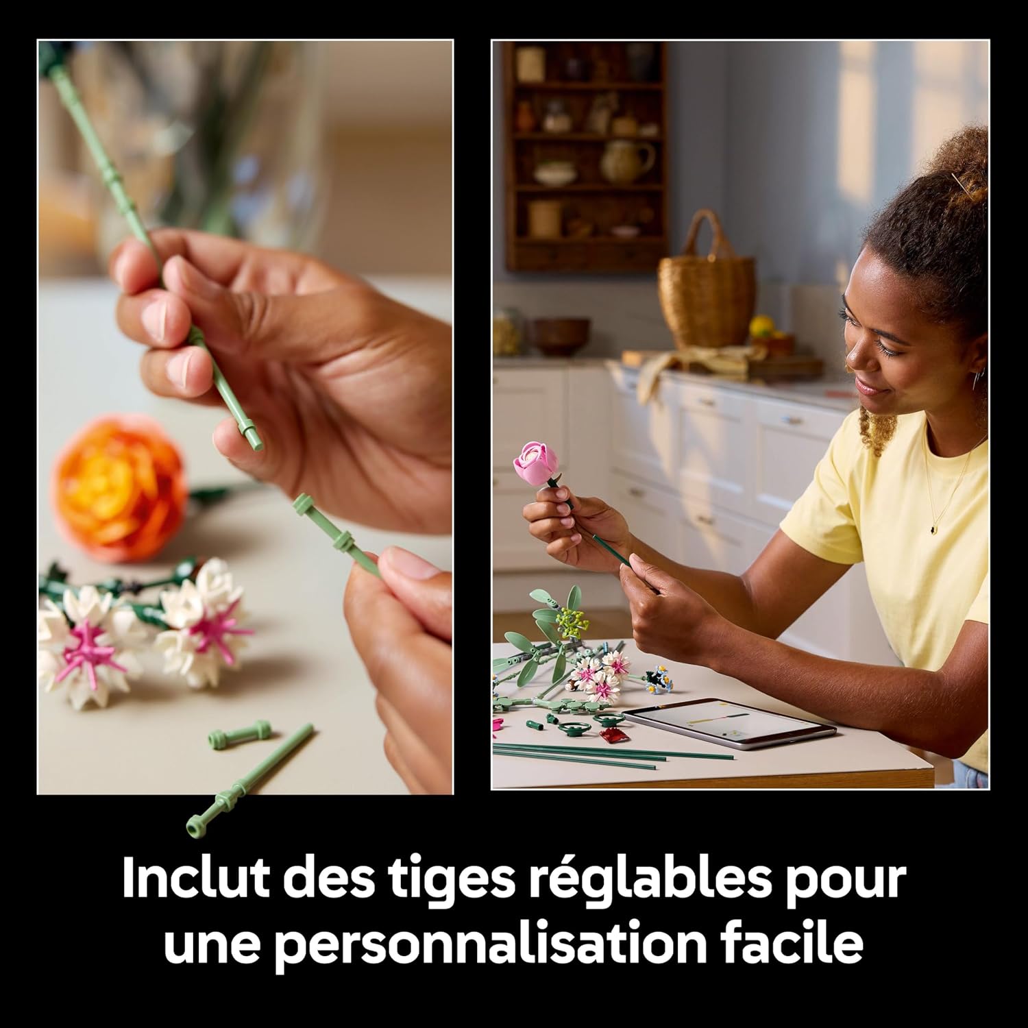 Tige réglable du bouquet LEGO et jeune femme qui assemble les fleurs