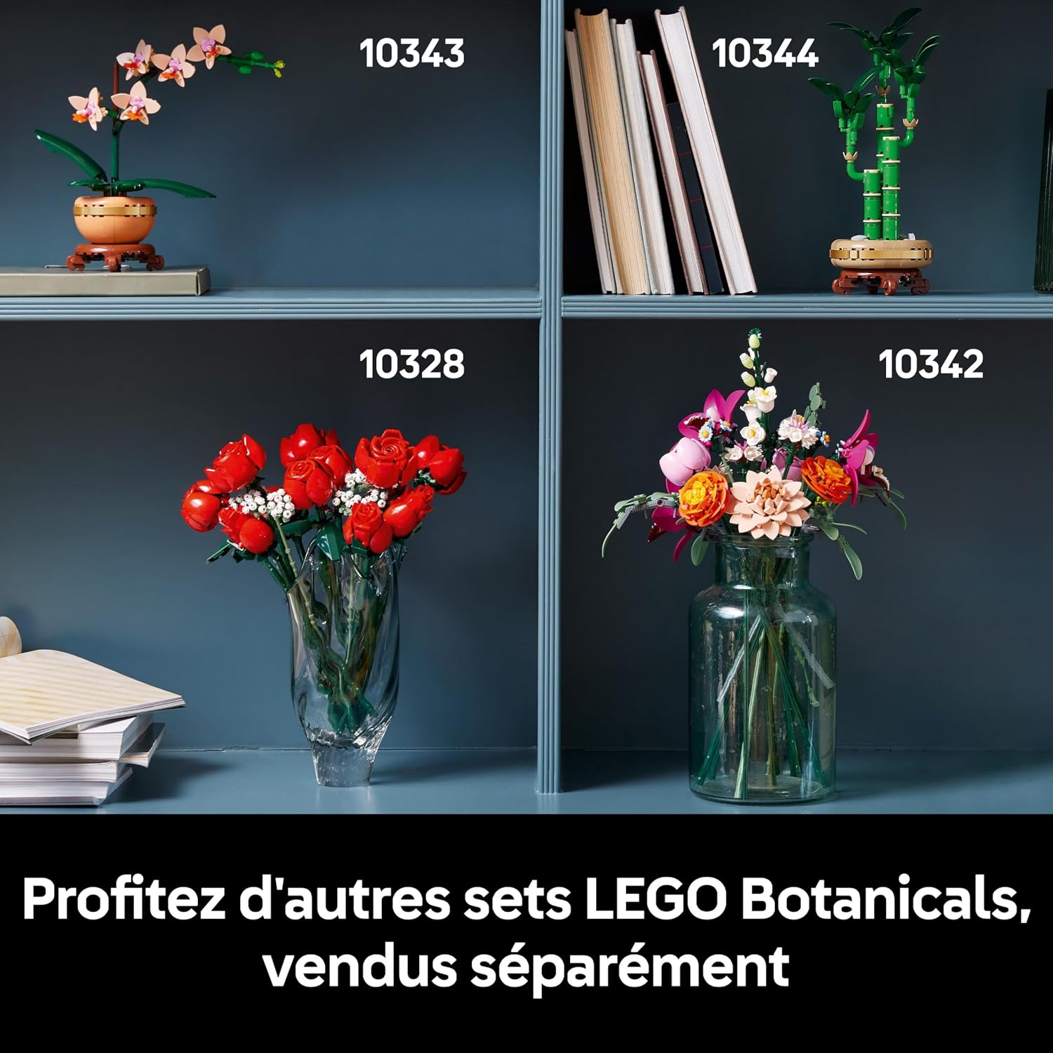 Le bouquet LEGO 10342 avec les sets Botanicals 10343, 10344 et 10328 sur une étagère
