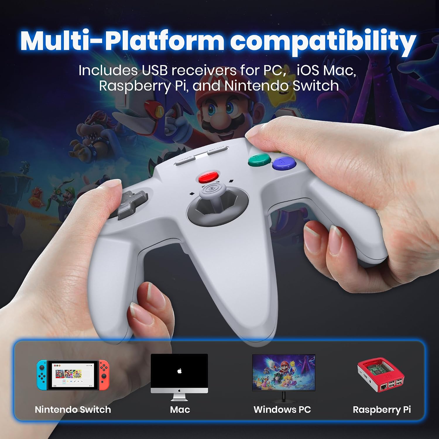 Visuel de compatibilité de la manette miadore : Switch, Mac, PC Windows, Raspberry Pi
