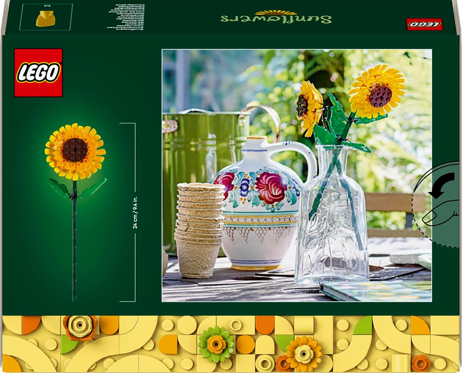 Dos de la boîte LEGO 40524 avec les tournesols dans un vase en extérieur