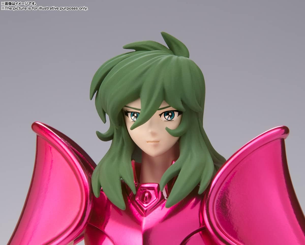 Gros plan du visage de Shun, cheveux verts et épaulières roses