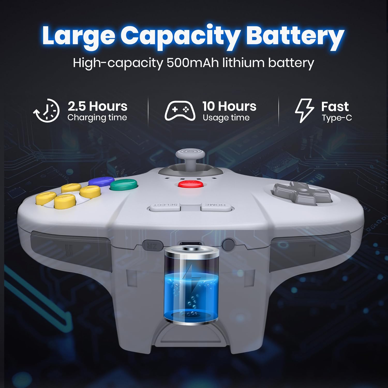 Visuel de la batterie de 500 mAh de la manette miadore, rechargeable en USB-C