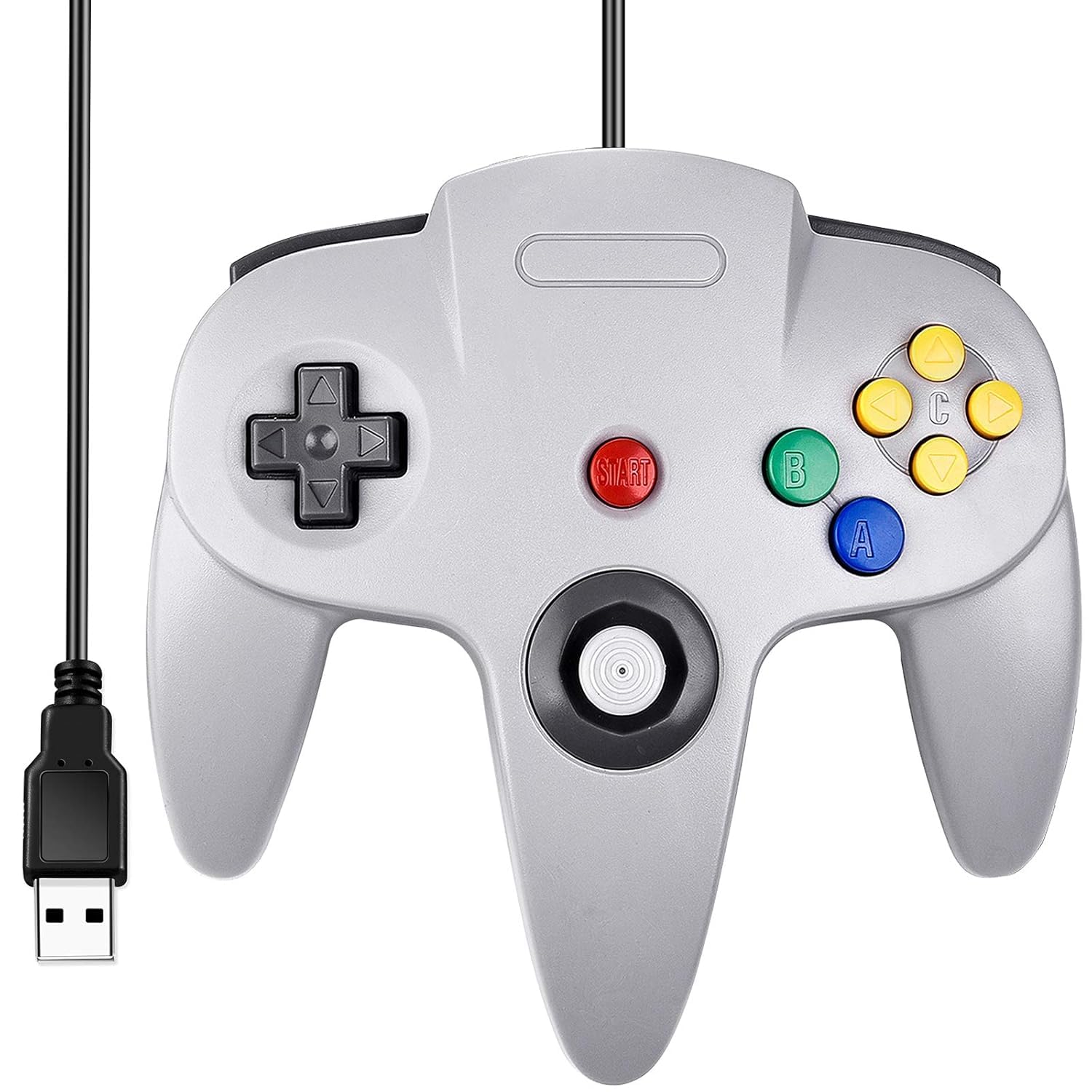 Manette N64 USB miadore grise vue de face, avec son câble USB