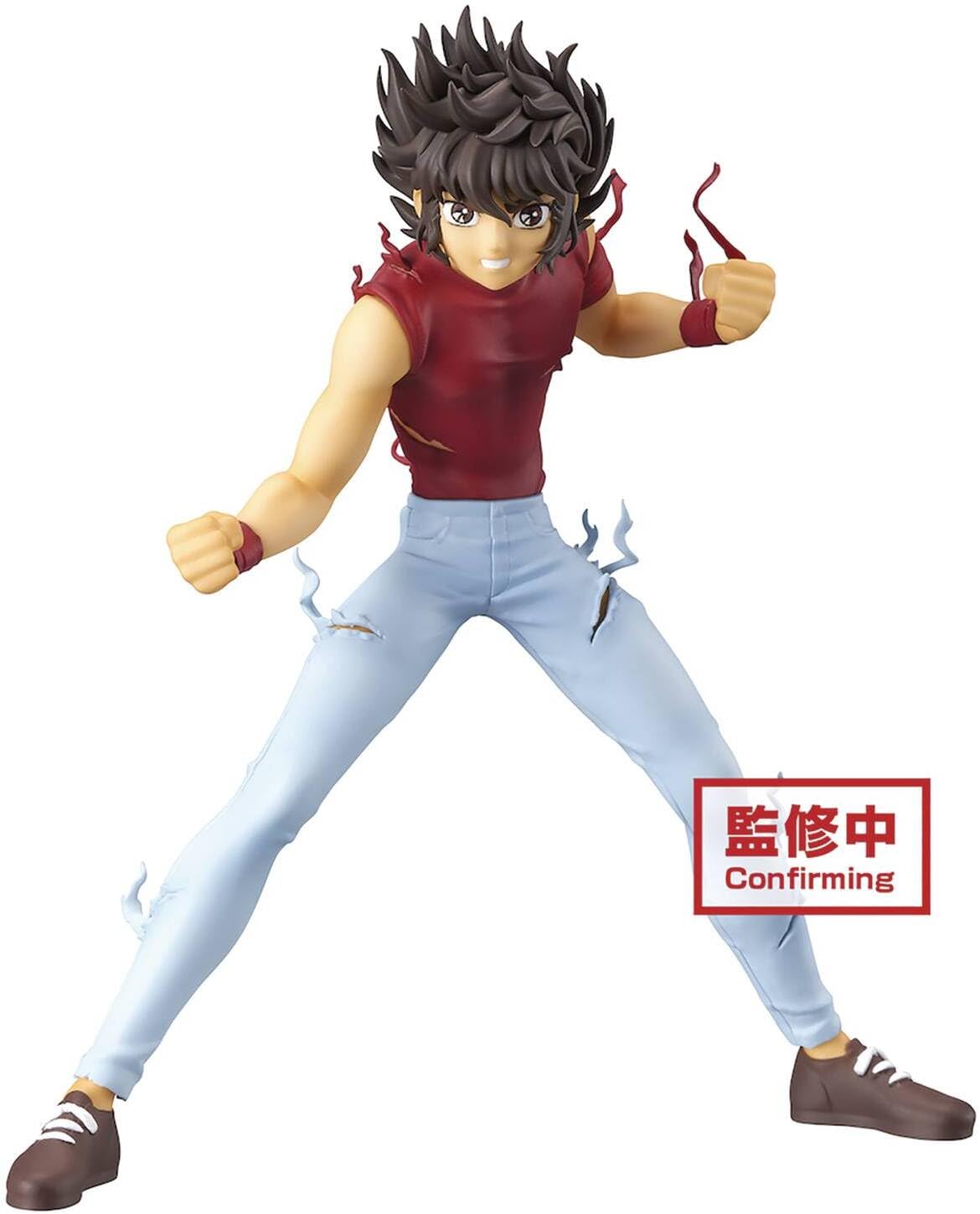 Figurine Banpresto de Seiya de Pégase en tenue civile, t-shirt rouge et jean, en garde