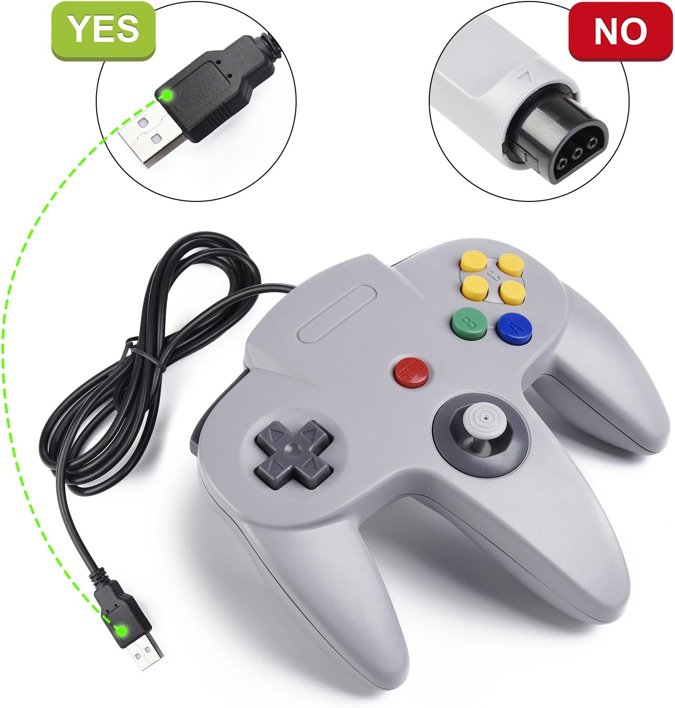Visuel : la manette miadore se branche en USB, pas sur la prise de la Nintendo 64