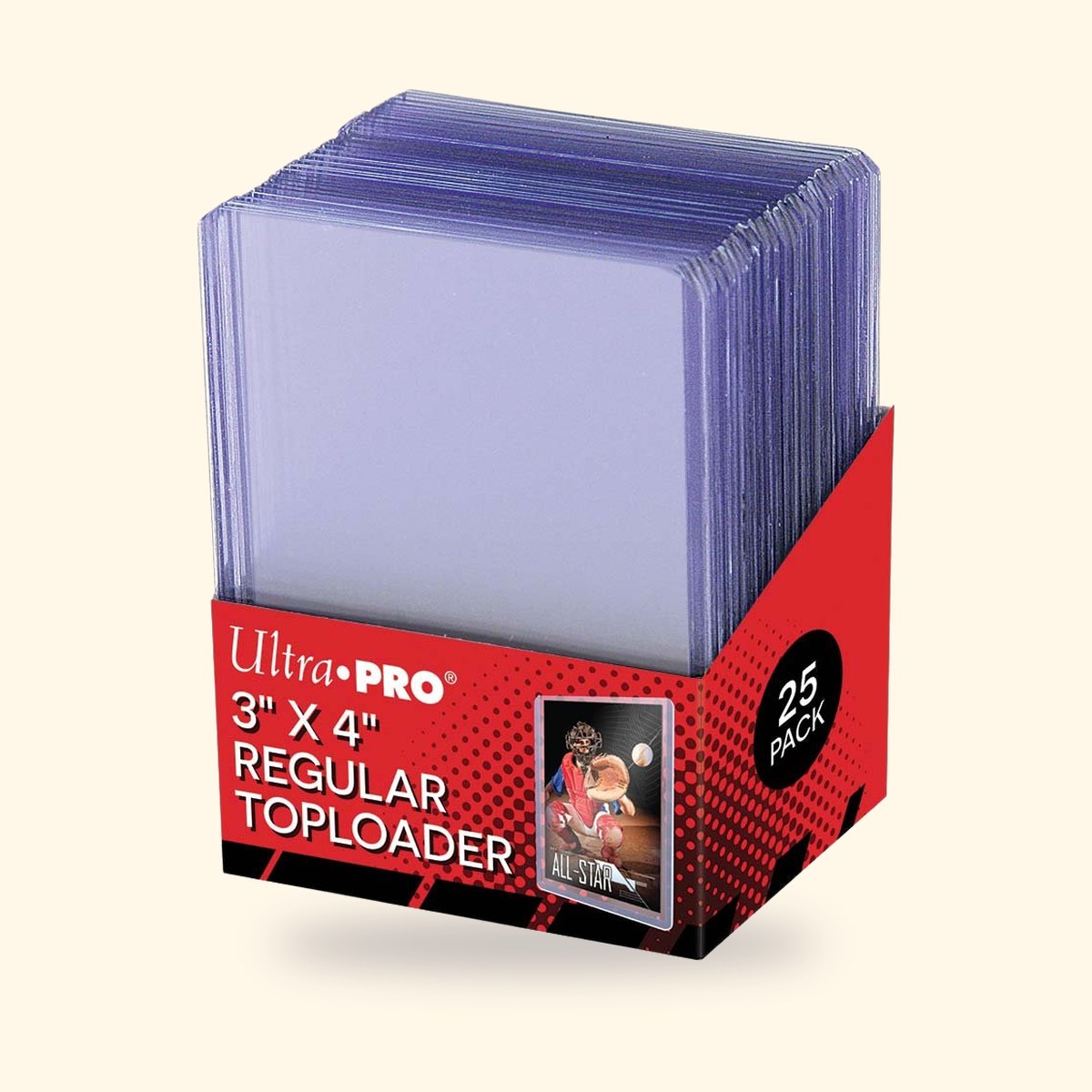 Boîte de 25 toploaders Ultra Pro 3 x 4 pouces sur fond crème