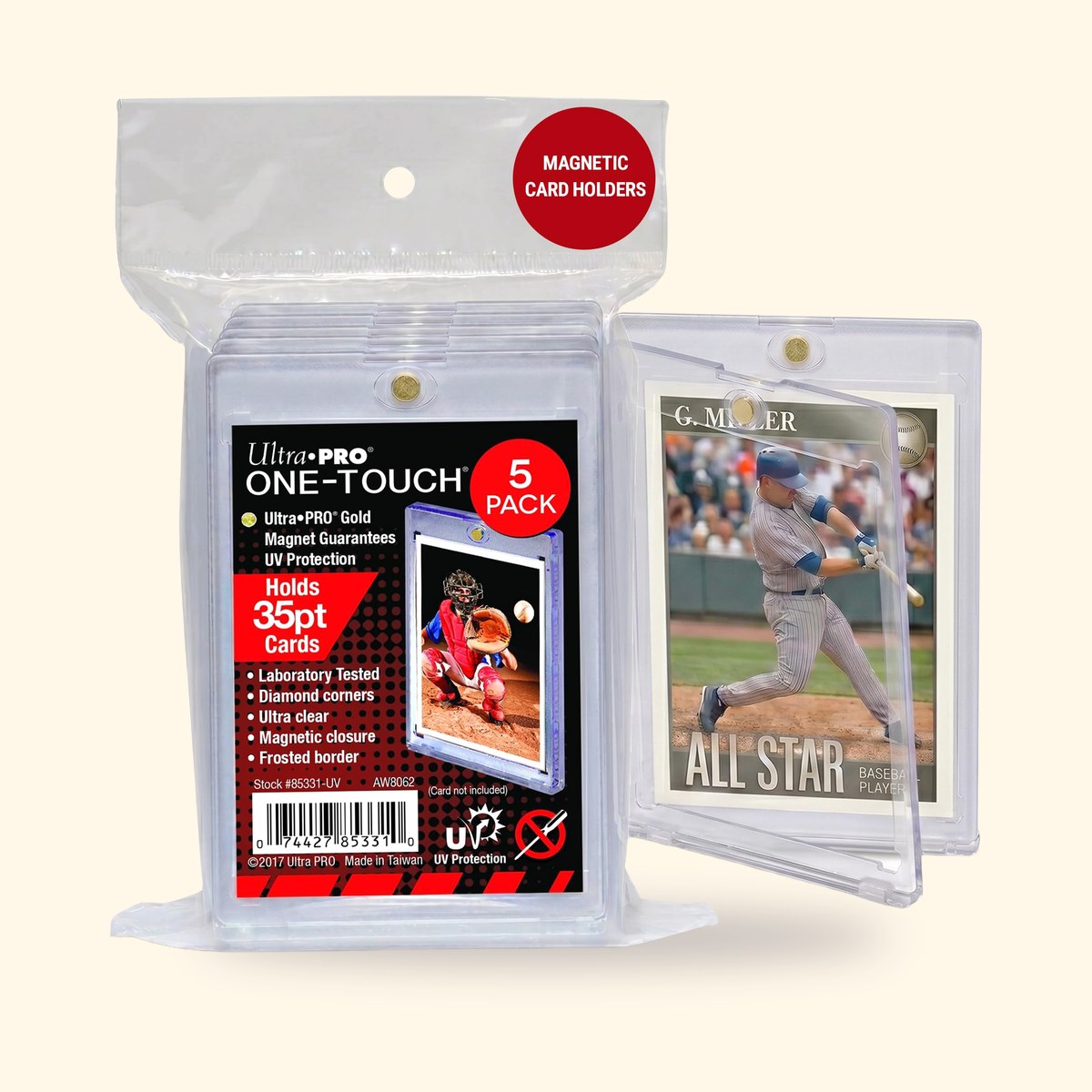 Lot de 5 porte-cartes magnétiques Ultra Pro One-Touch 35 pt sur fond crème
