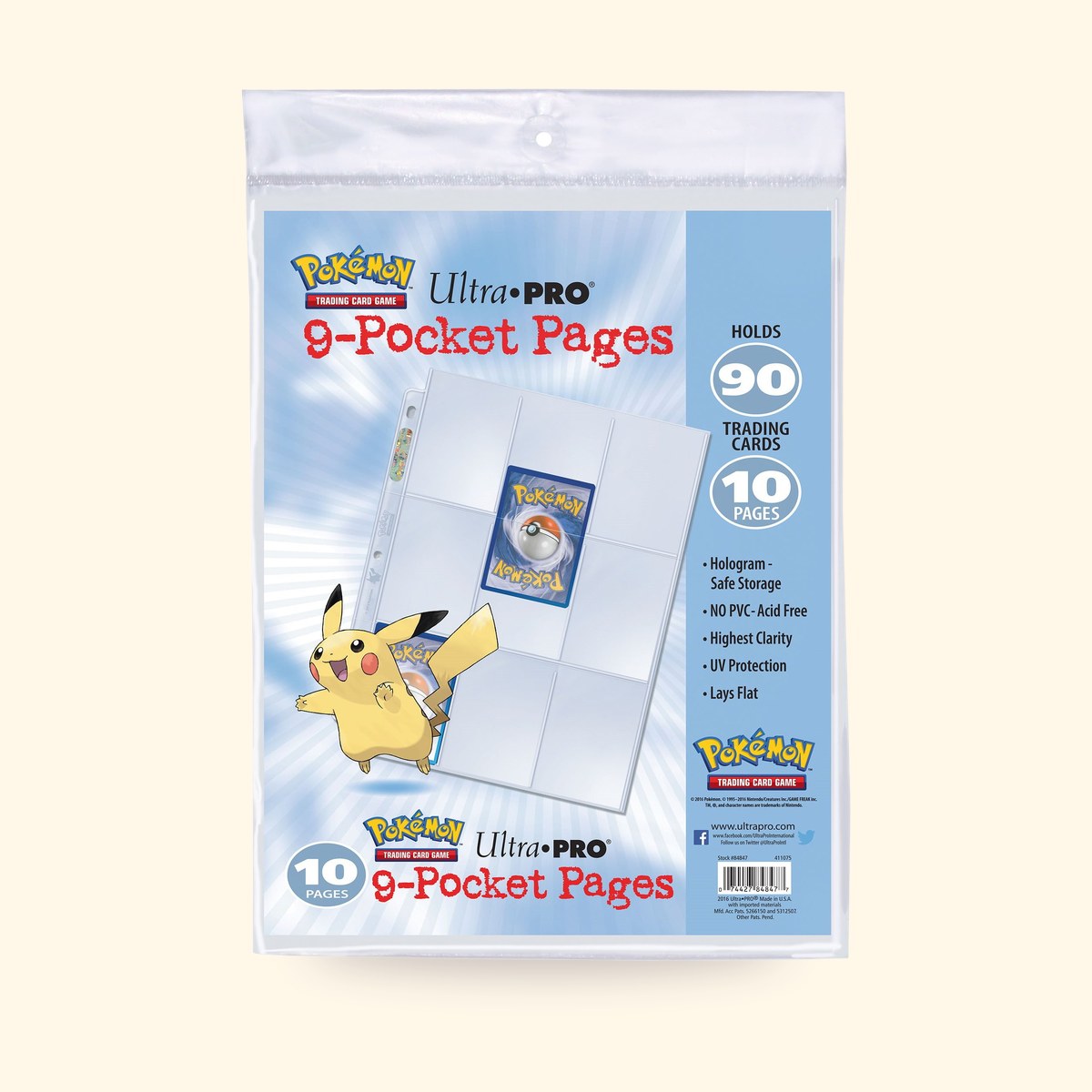 Paquet de 10 feuilles de classeur Pokémon Ultra Pro à 9 pochettes sur fond crème