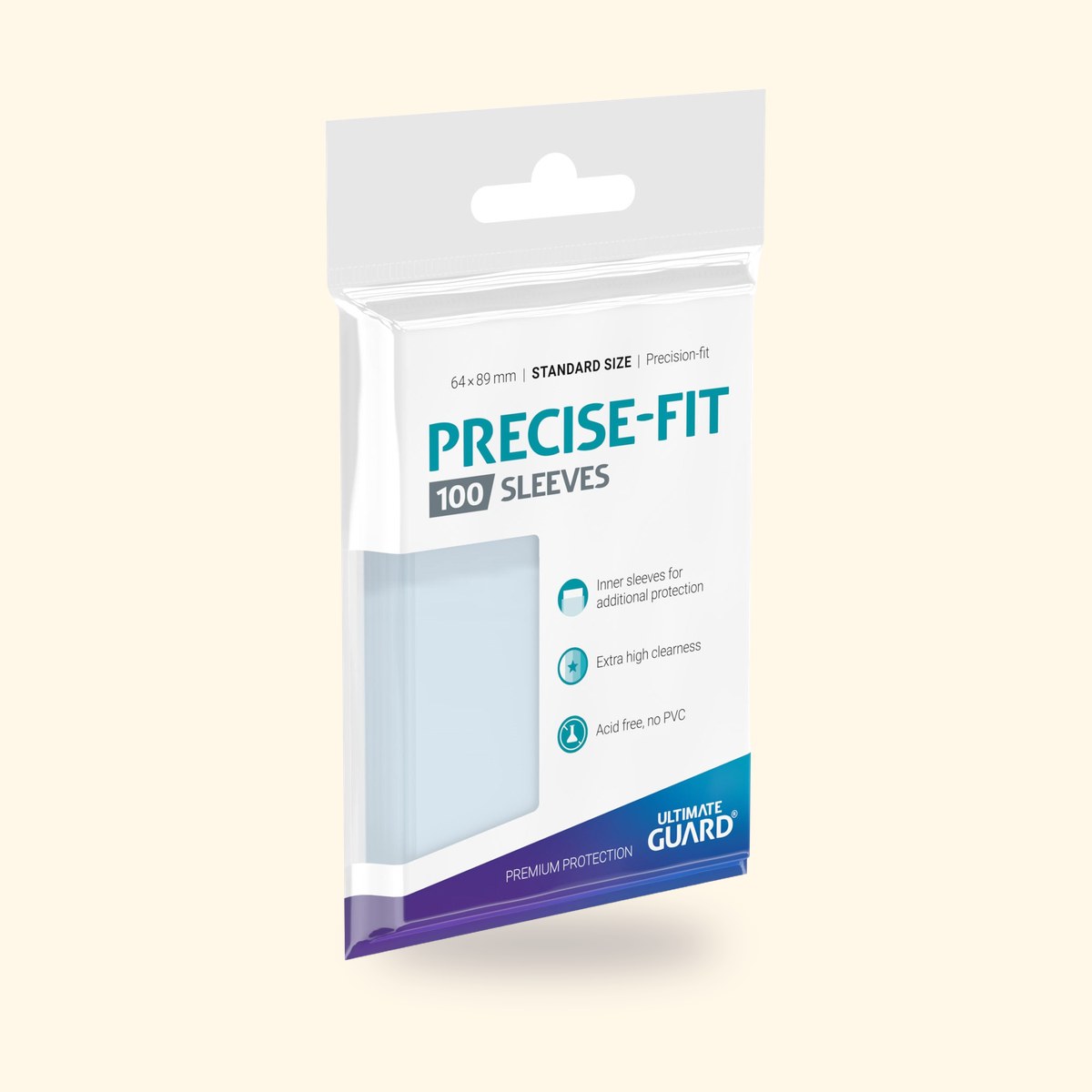 Sachet de 100 sleeves intérieures Ultimate Guard Precise-Fit sur fond crème