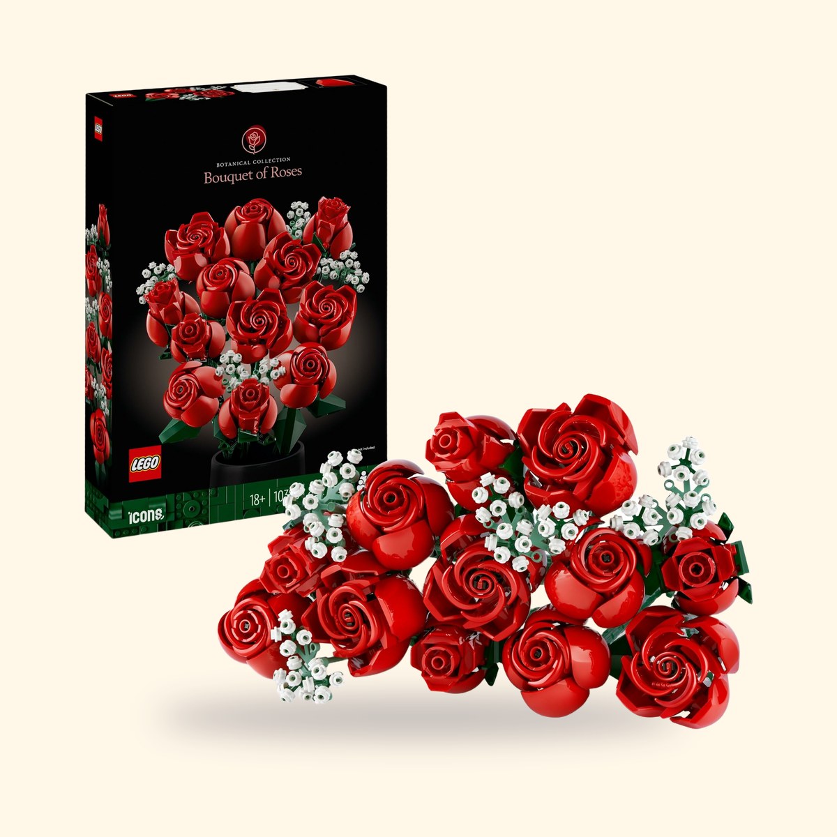 LEGO Botanicals 10328 Le Bouquet de Roses, boîte et bouquet monté sur fond crème