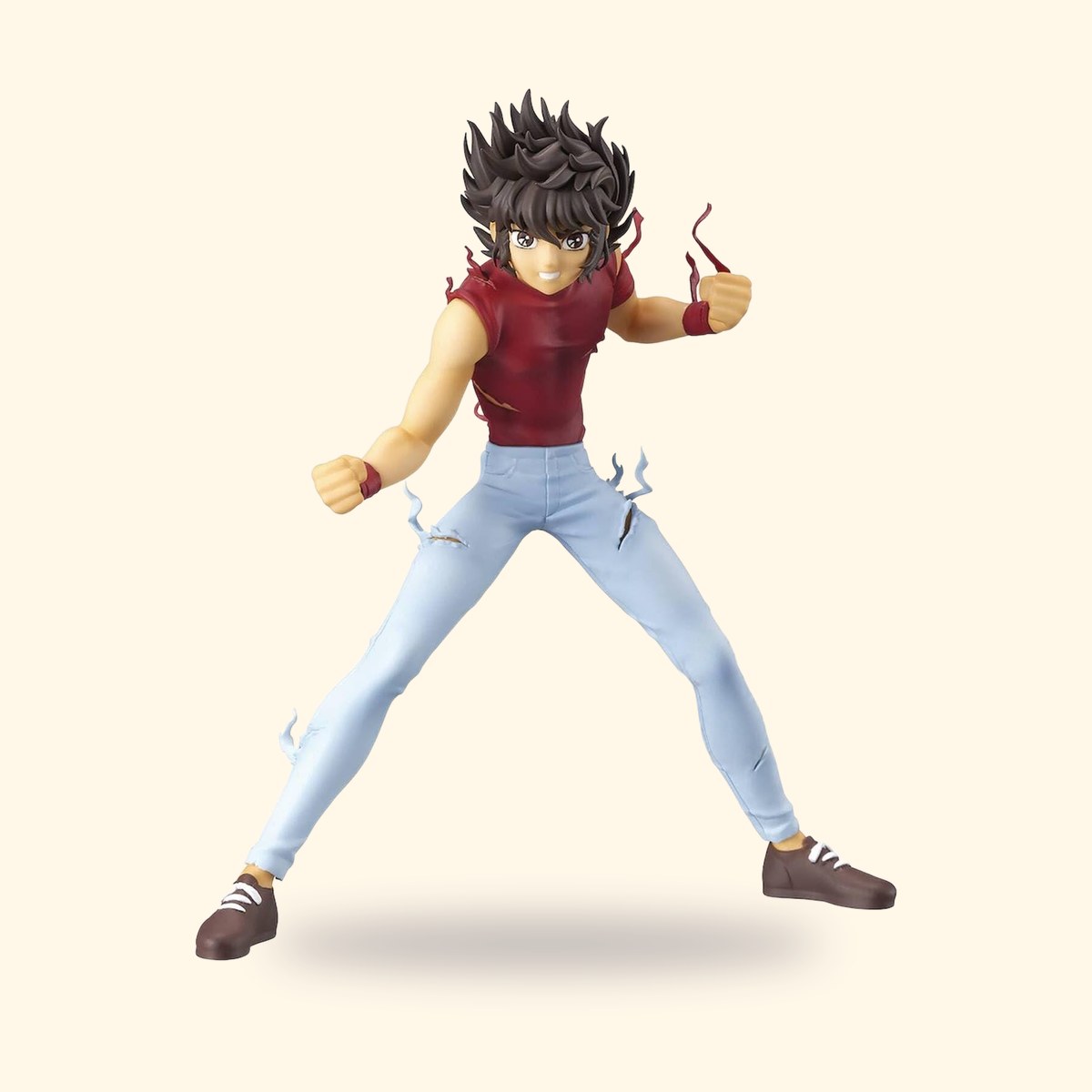 Figurine Banpresto de Seiya de Pégase en tenue civile sur fond crème