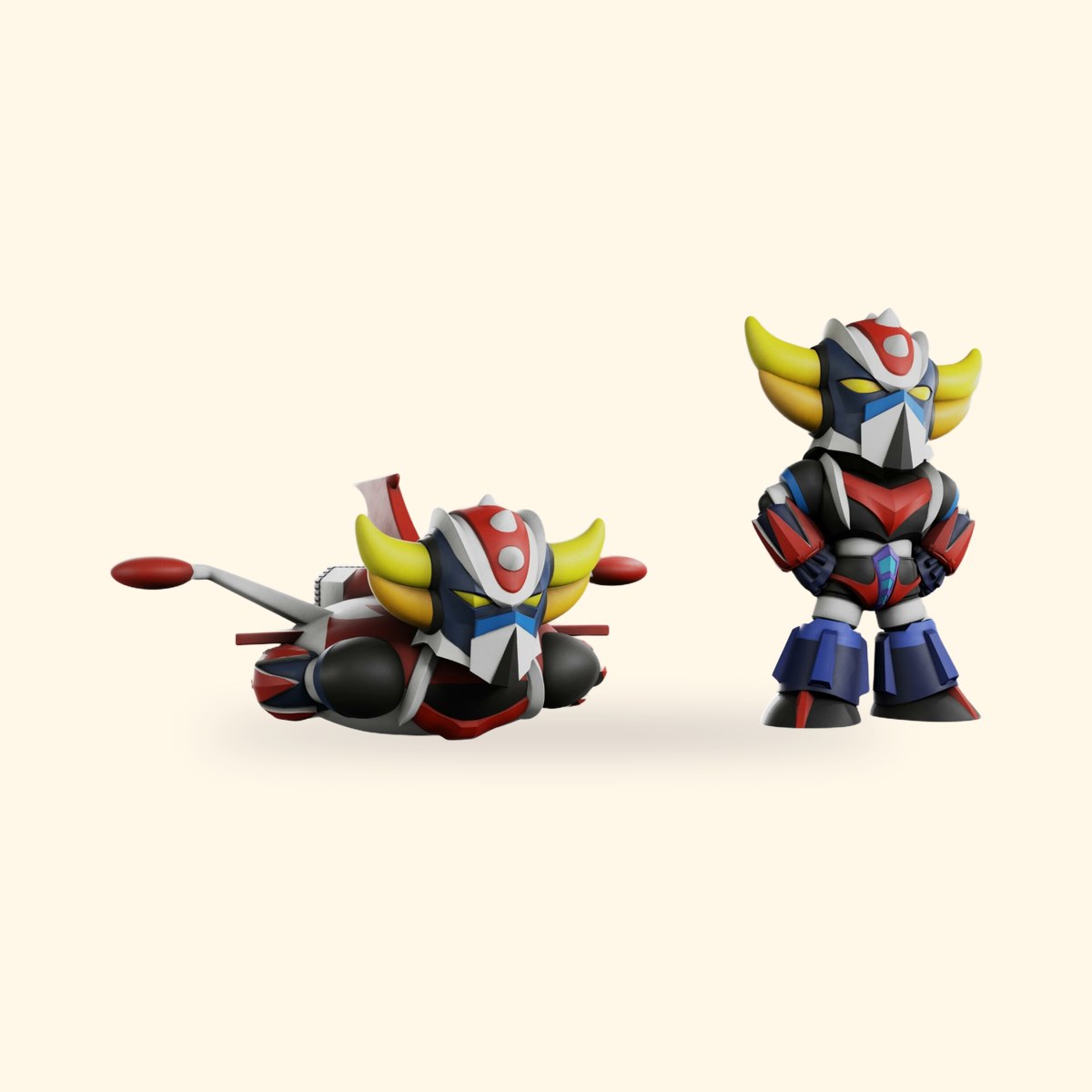 Figurines Plastoy de Goldorak et de sa soucoupe sur fond crème