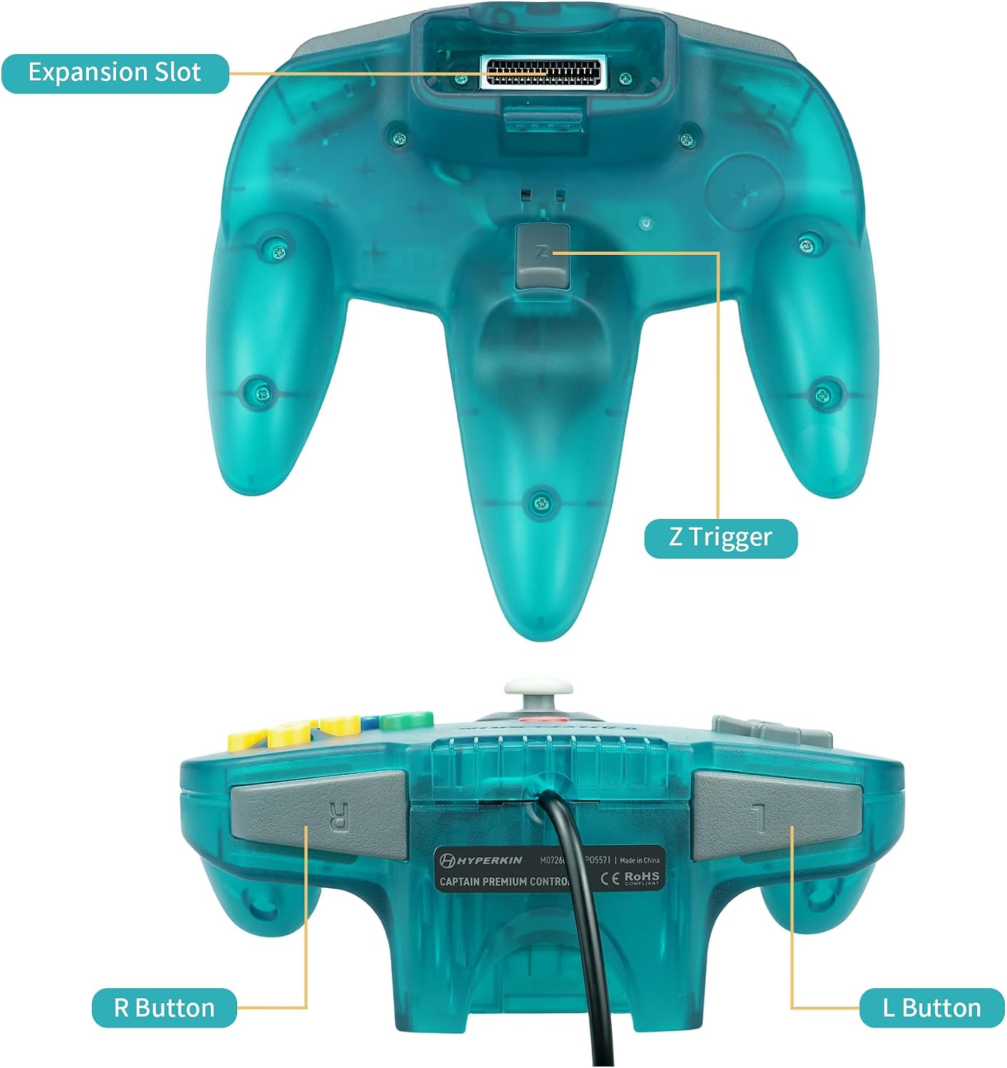 Dessous de la manette Hyperkin Captain : port dextension, gâchette Z, boutons L et R