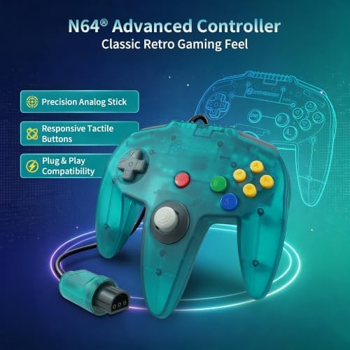 Visuel de la manette Hyperkin Captain turquoise, stick de précision et prise N64