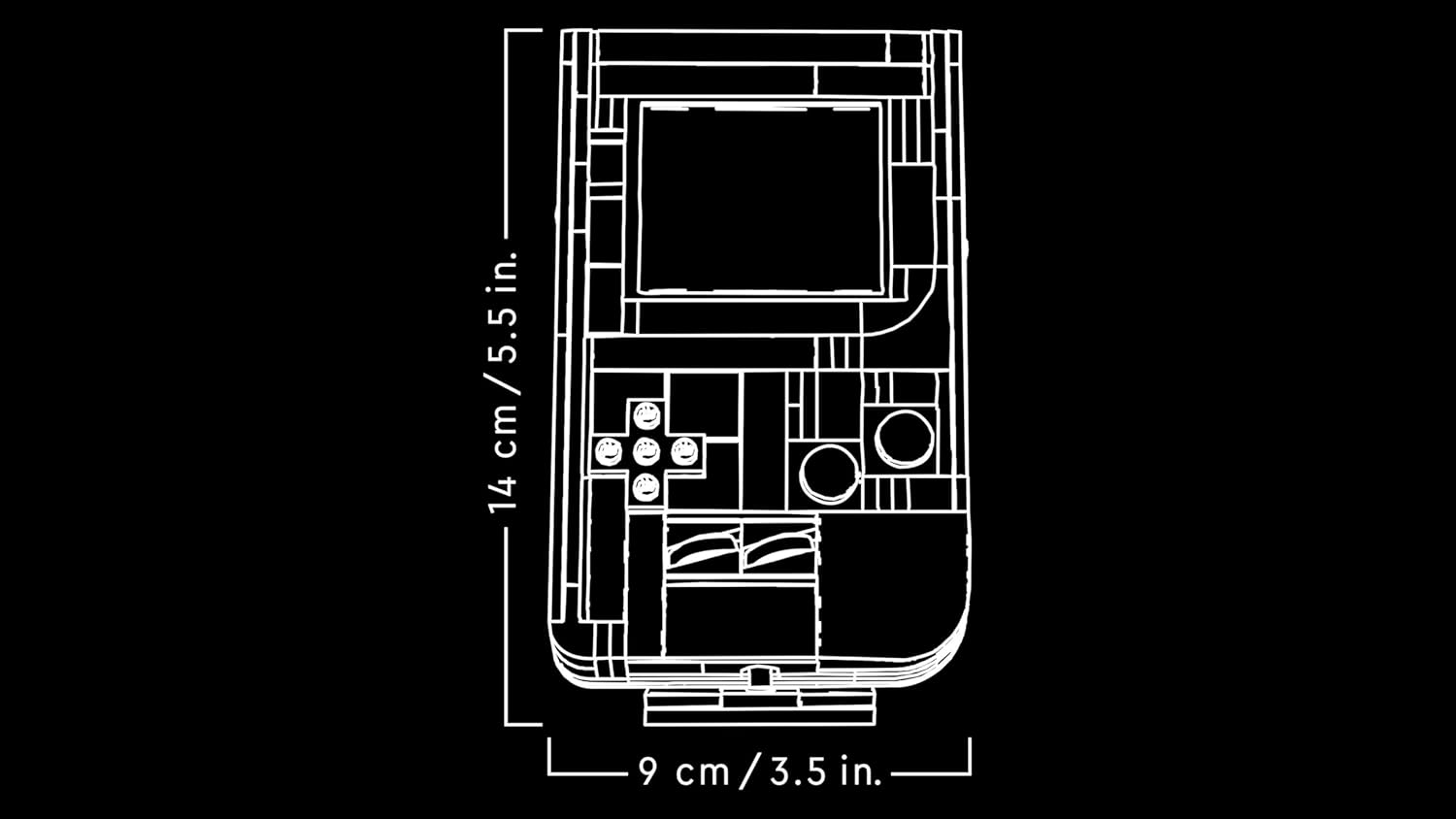 Schéma des dimensions de la Game Boy LEGO : 14 cm de haut et 9 cm de large
