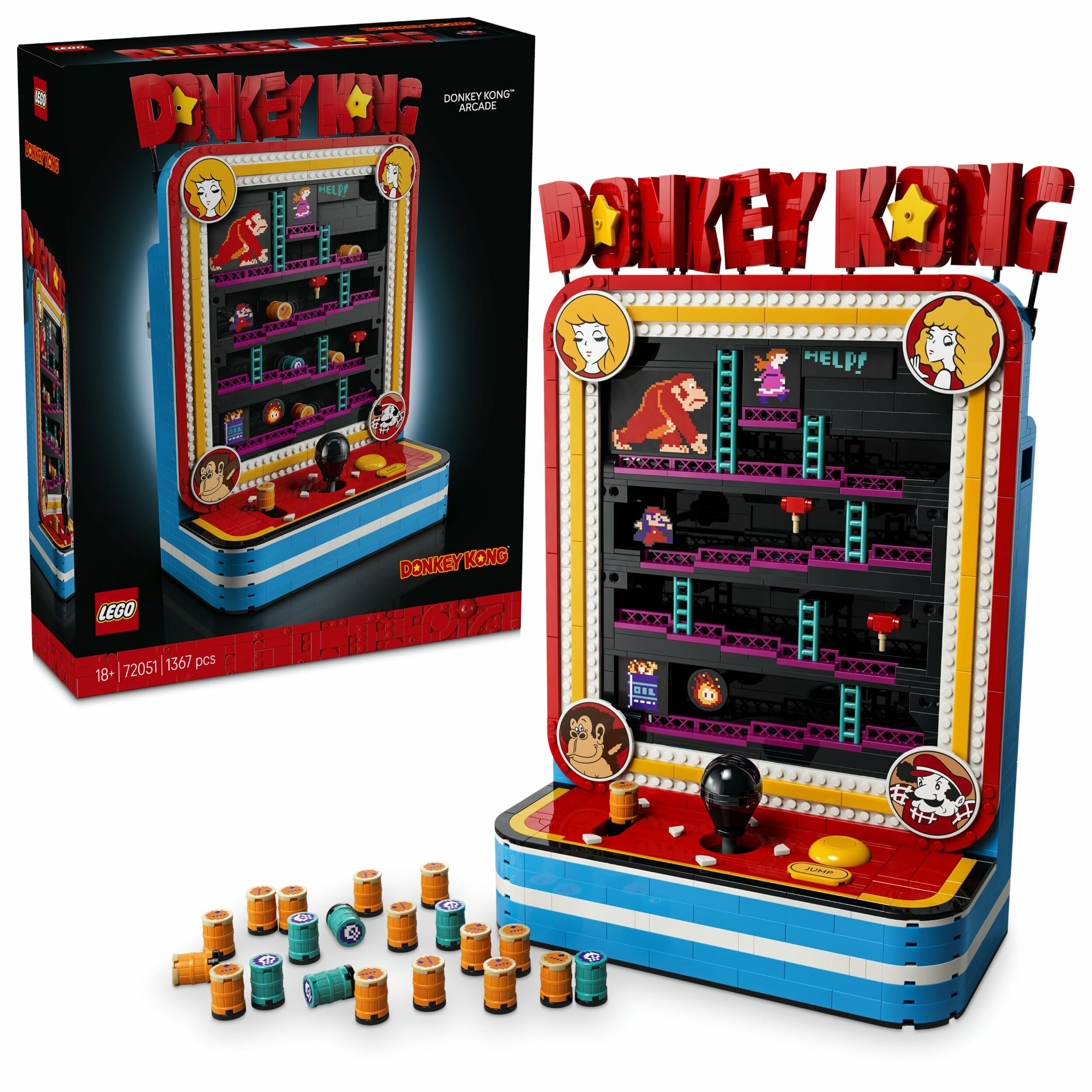 Boîte du set LEGO Jeu darcade Donkey Kong 72051 à côté de la borne montée et de ses tonneaux