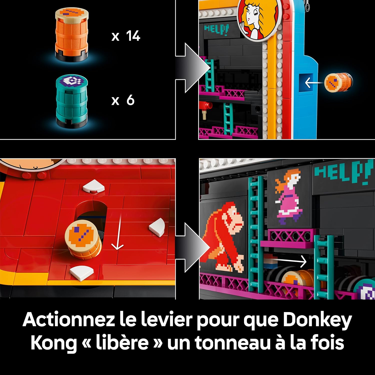 Visuel du levier qui libère les tonneaux un par un, avec les deux sortes de tonneaux fournis