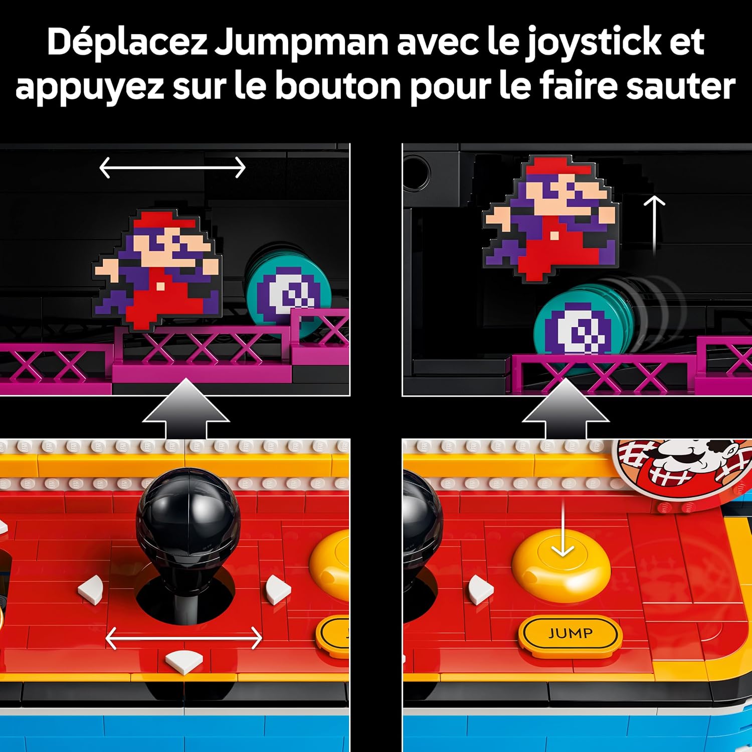 Visuel du joystick qui déplace Jumpman et du bouton qui le fait sauter par-dessus un tonneau