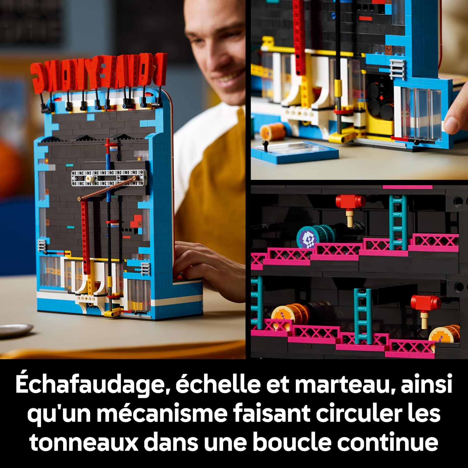 Vues de larrière de la borne et du niveau : échafaudage, échelle, marteau et mécanisme des tonneaux