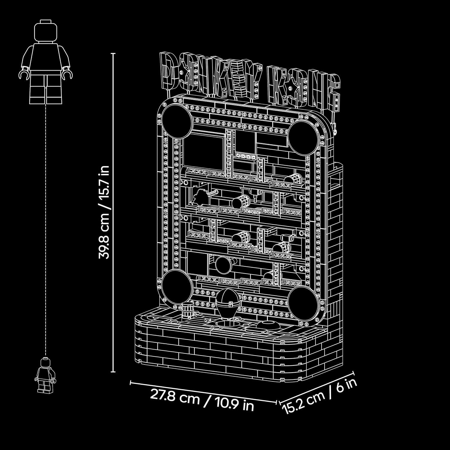 Schéma des dimensions de la borne : 39,8 cm de haut, 27,8 cm de large et 15,2 cm de profondeur