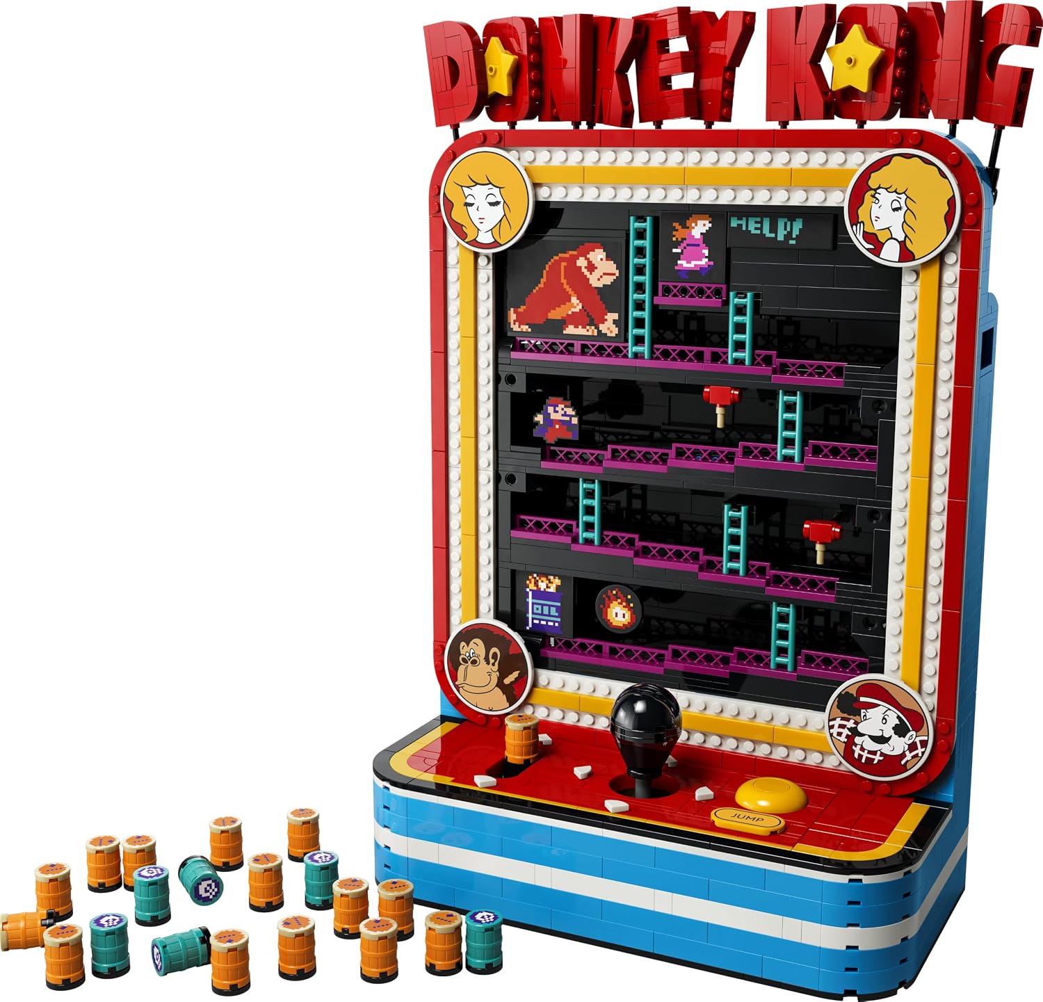 Borne LEGO Jeu darcade Donkey Kong montée, tonneaux alignés devant, sur fond blanc