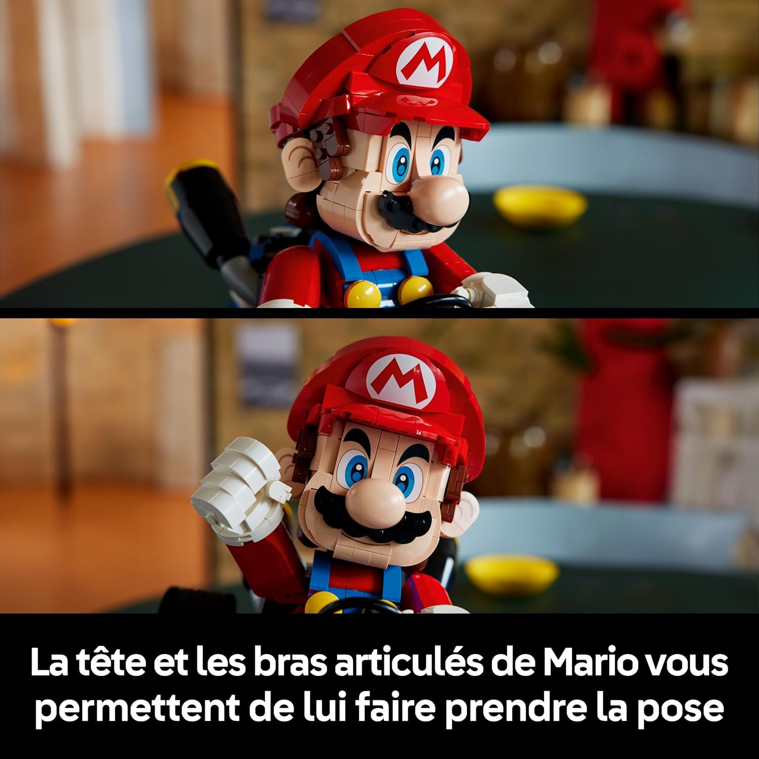 Deux gros plans sur la tête et le bras de Mario, avec un texte sur ses articulations