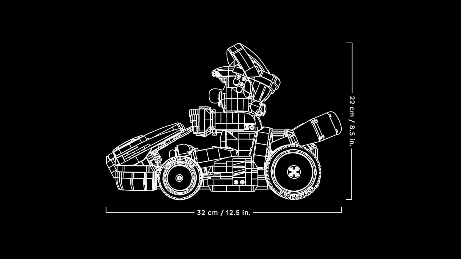 Schéma des dimensions du kart LEGO : 22 cm de haut et 32 cm de long