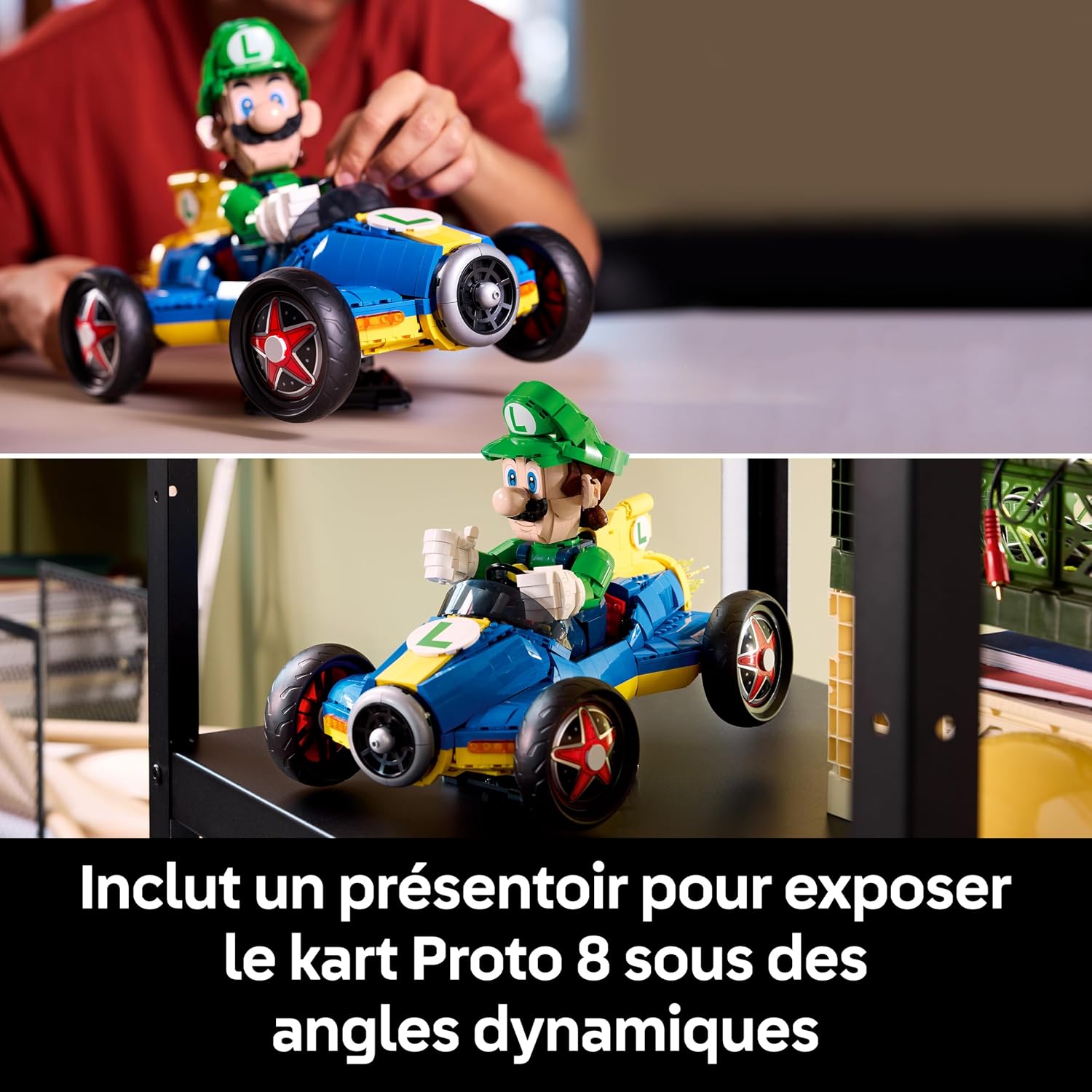 Deux photos : un homme fait rouler le kart LEGO, puis le kart exposé incliné sur son support