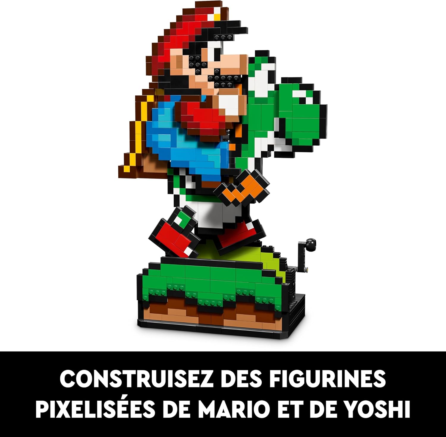 Mario et Yoshi LEGO en pixel art sur fond blanc, avec un bandeau de texte sur les figurines pixélisées