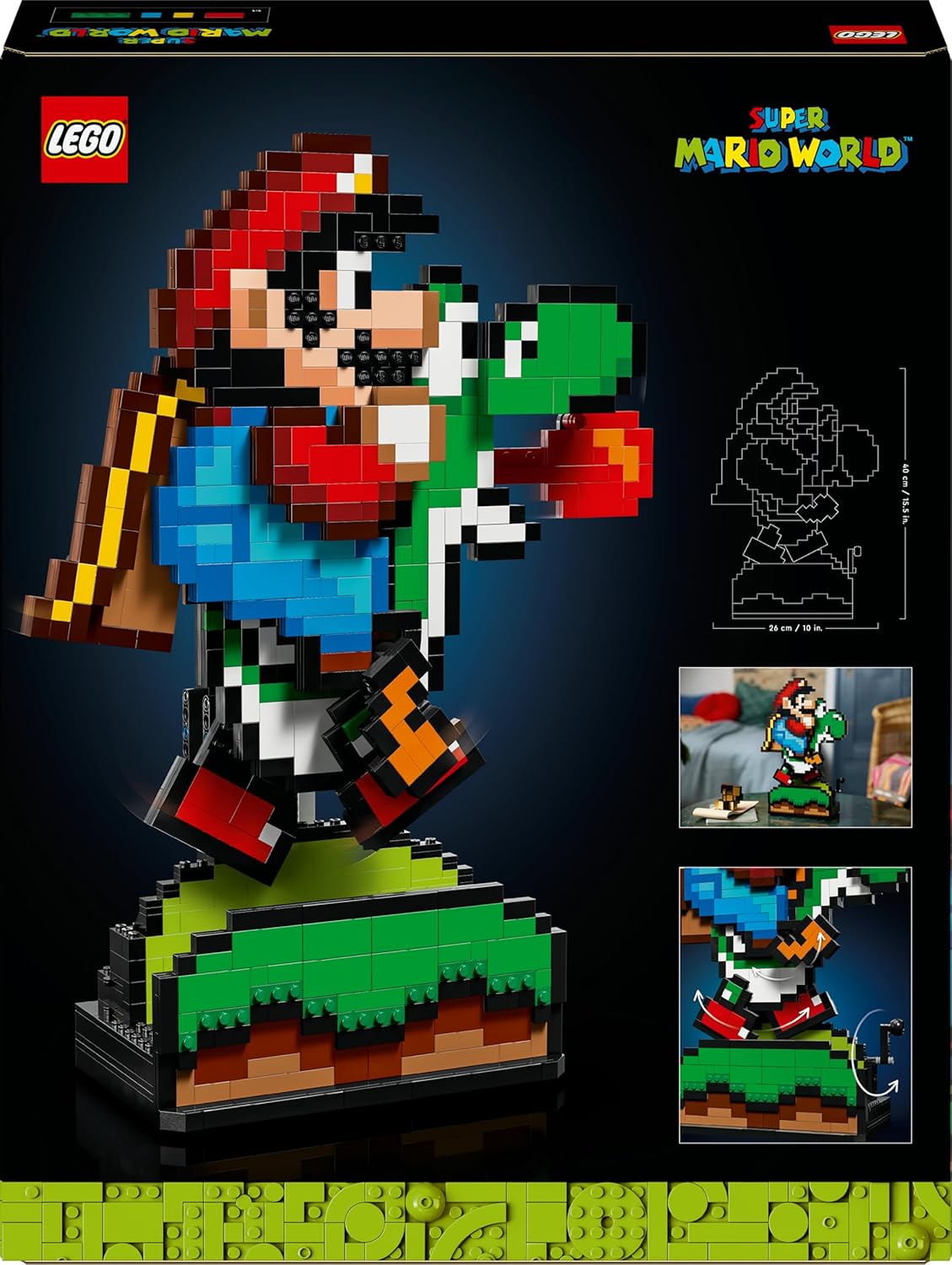 Dos de la boîte du set LEGO Super Mario World 71438, avec les fonctions illustrées