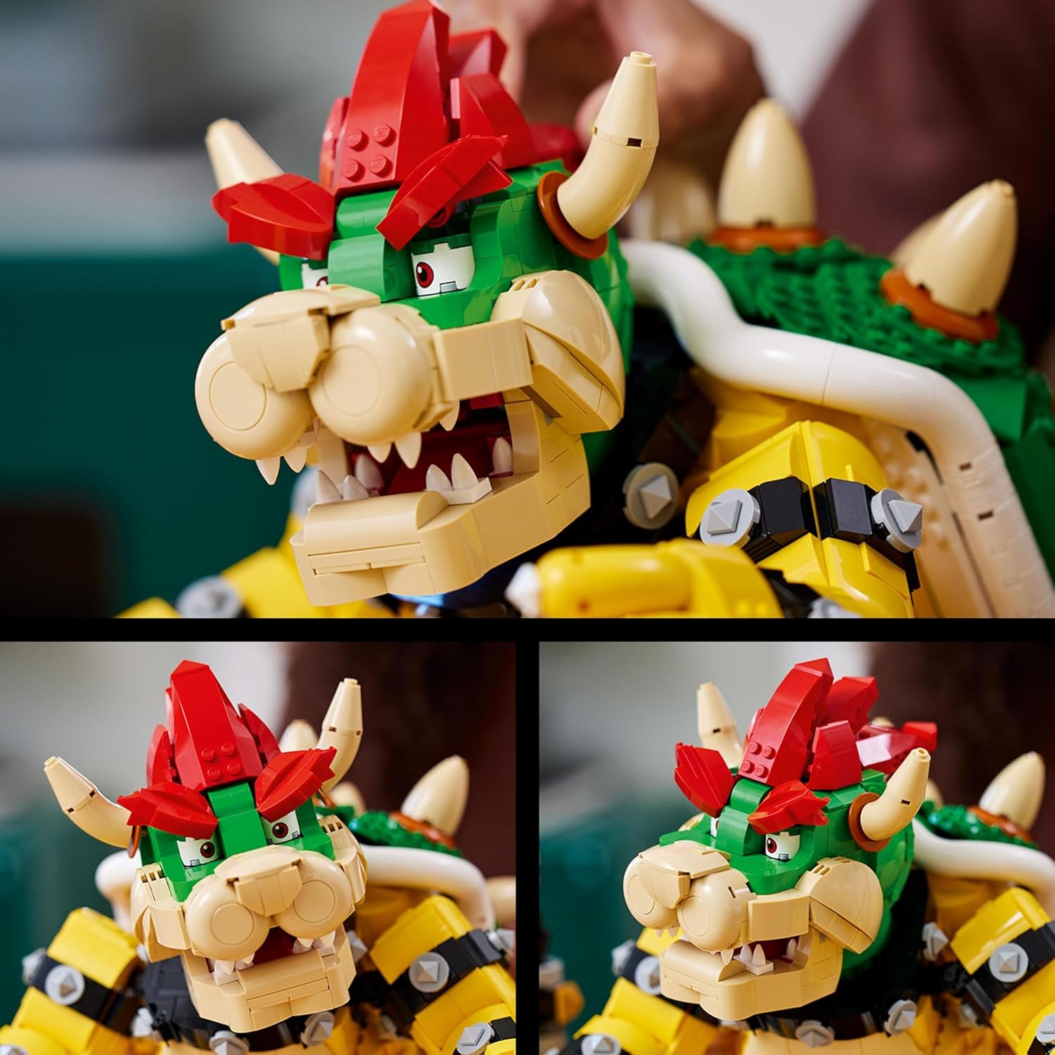 Trois gros plans sur la tête de Bowser LEGO, gueule ouverte, sous différents angles