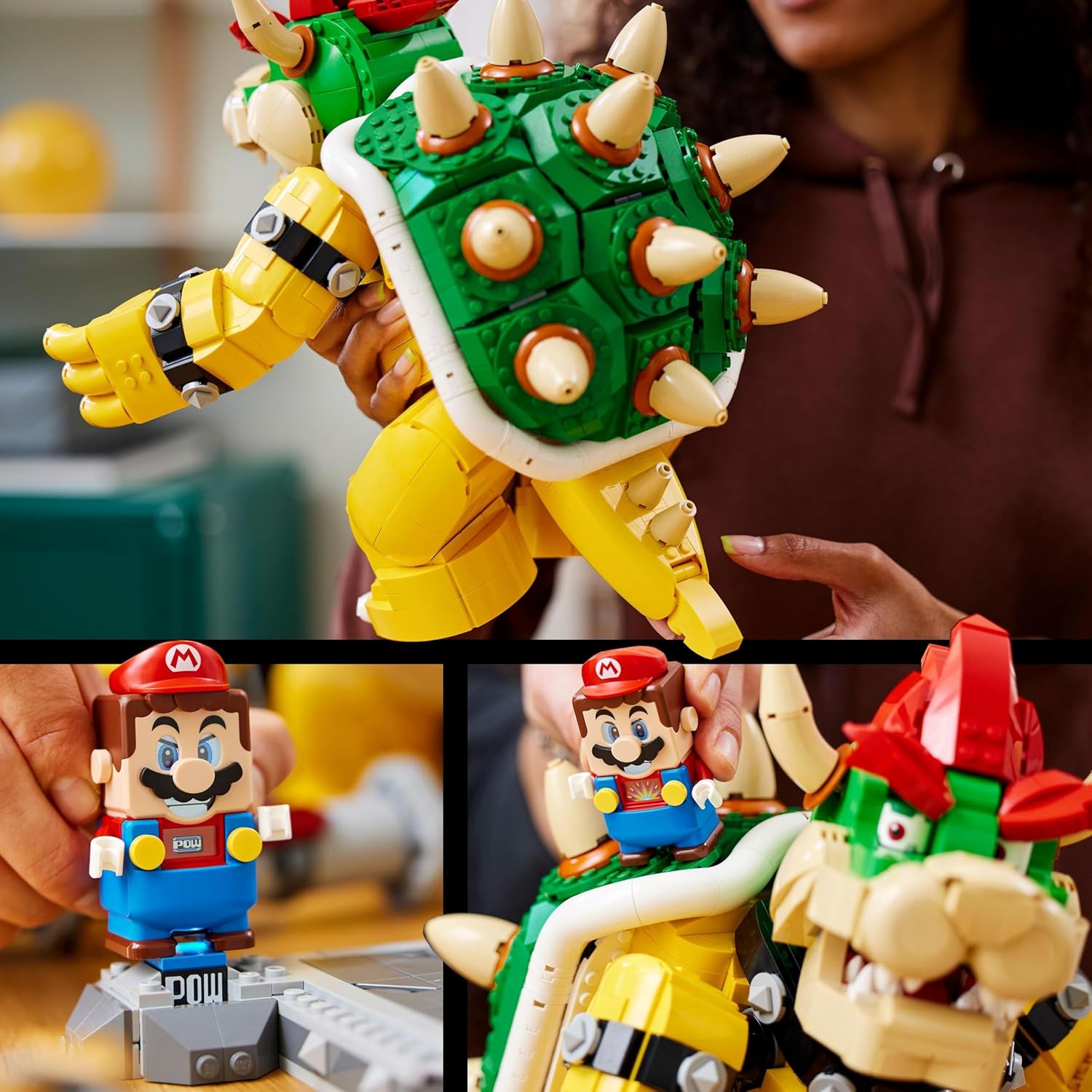 Carapace à piques de Bowser LEGO, puis une figurine LEGO Mario interactive, non fournie, sur la brique POW
