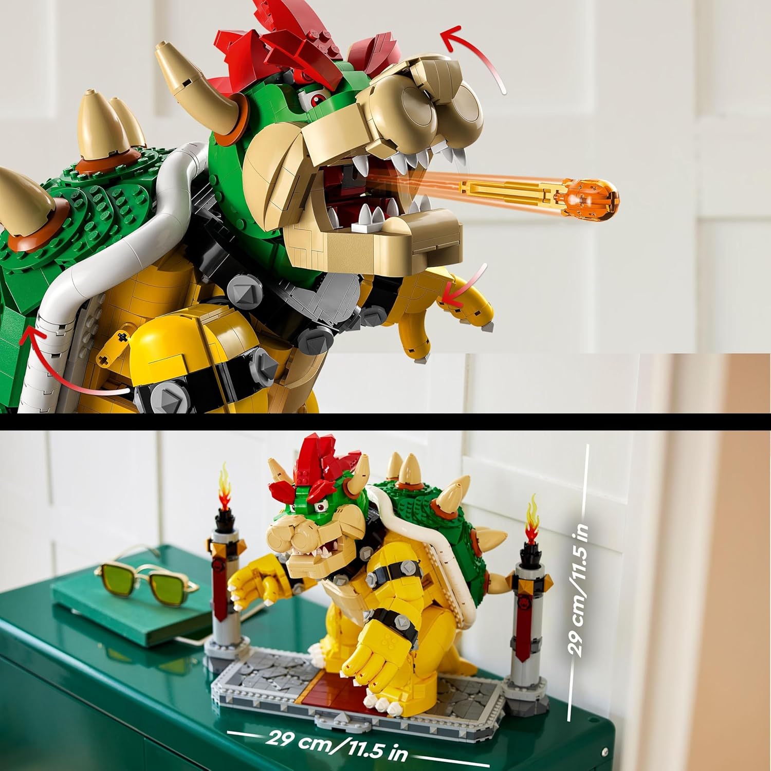 Bowser LEGO qui crache une boule de feu, puis Bowser sur un meuble avec des cotes de 29 cm