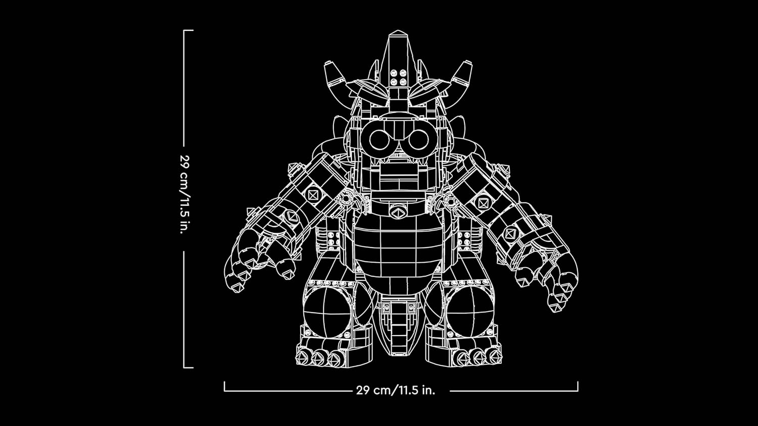 Schéma des dimensions de la figurine Bowser seule : 29 cm de haut et 29 cm de large