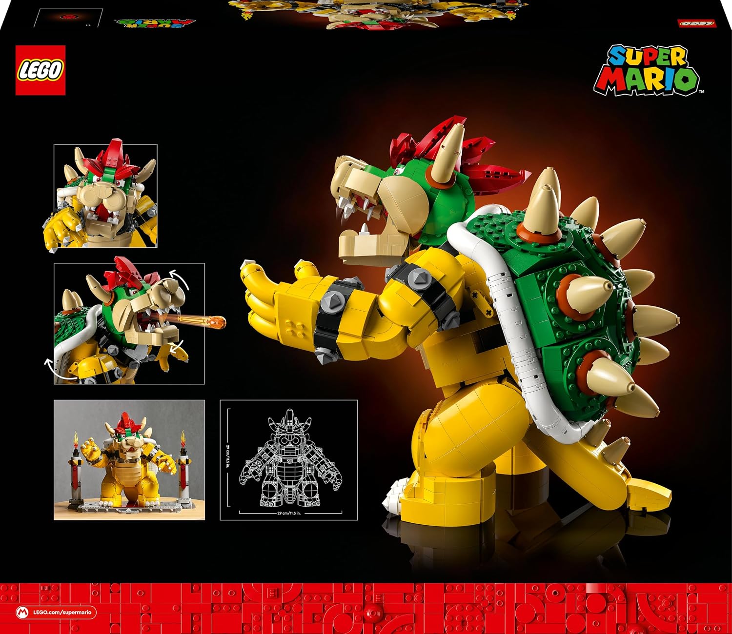 Dos de la boîte du set LEGO Le Puissant Bowser 71411, avec les fonctions illustrées