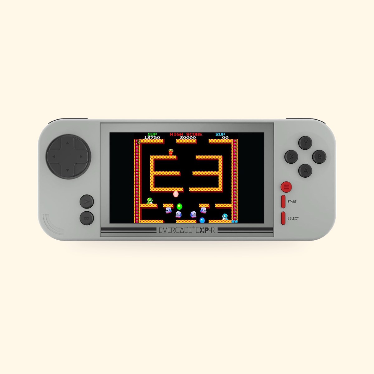 Console Evercade EXP-R Classic Retro grise et rouge, vue de face, sur fond crème