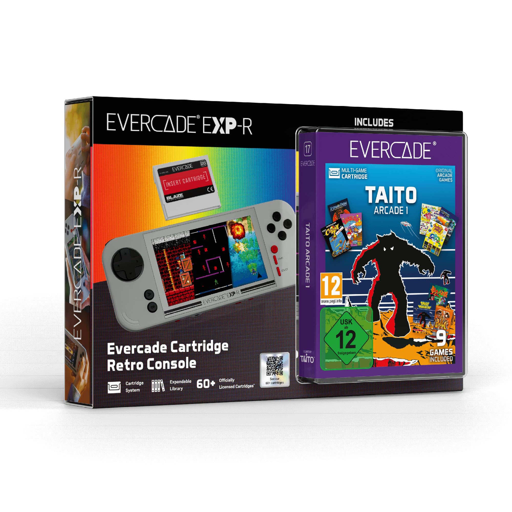 Boîte de la console Evercade EXP-R Classic Retro avec le boîtier de la cartouche Taito Arcade 1