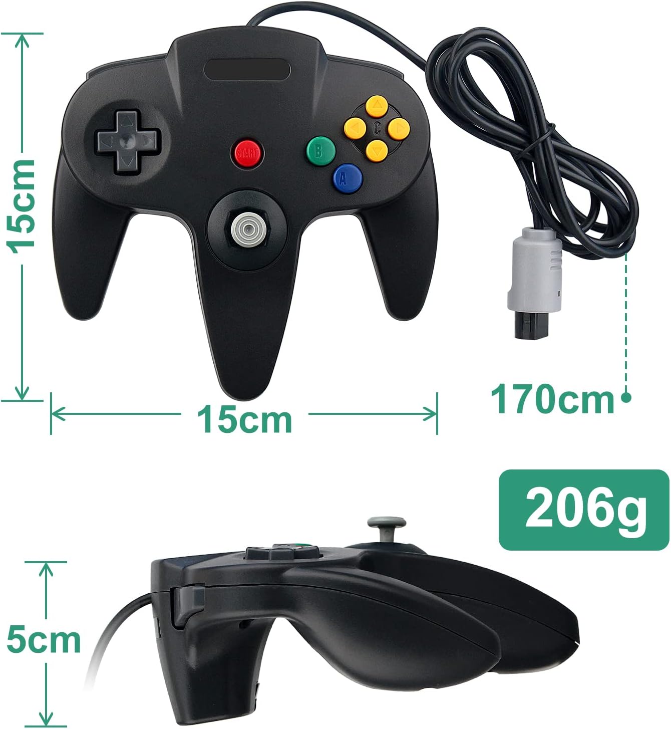 Dimensions de la manette OSTENT : 15 x 15 x 5 cm, câble de 170 cm, 206 g