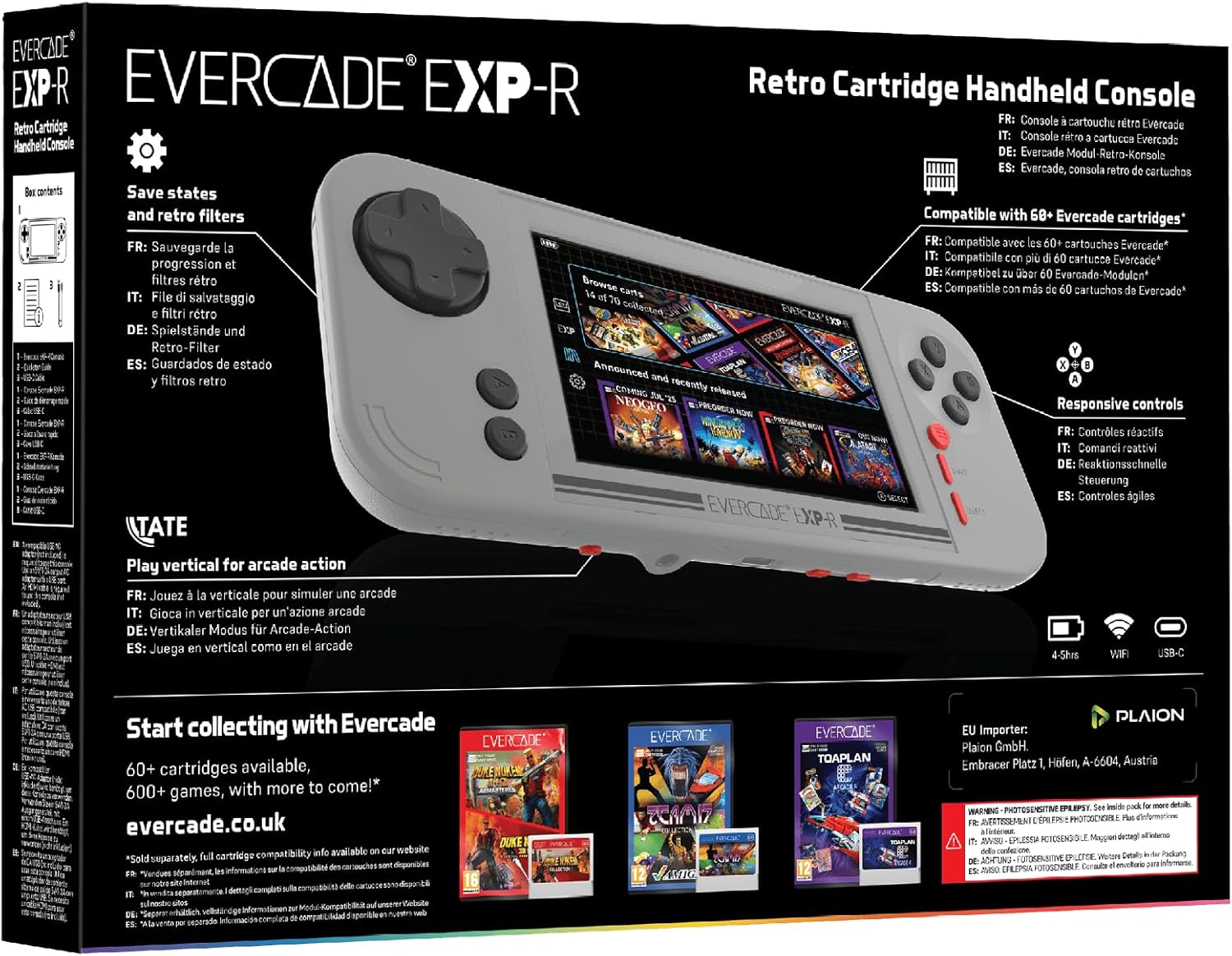 Dos de la boîte de lEvercade EXP-R : sauvegardes, filtres rétro, mode TATE et cartouches compatibles